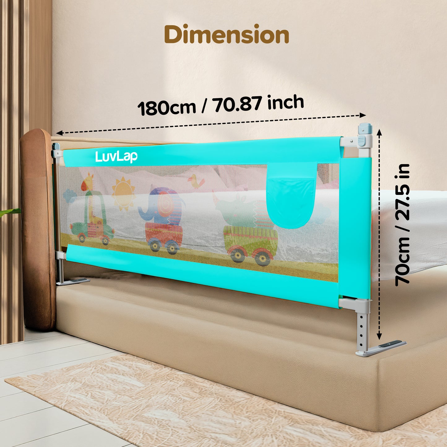 Comfy Baby Bed Rail Guard (6 ft x 2.3 ft), 180cmx72cm, Bed Rails for Baby & Toddler Safety, Portable, Adjustable Height, Single Side Bed Rail, Pack of 1, Printed Green