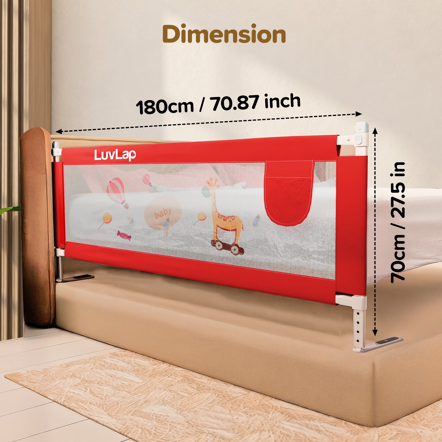Comfy Baby Bed Rail Guard (6 ft x 2.3 ft), 180cmx72cm, Bed Rails for Baby & Toddler Safety, Portable, Adjustable Height, Single Side Bed Rail, Pack of 1, Printed Red