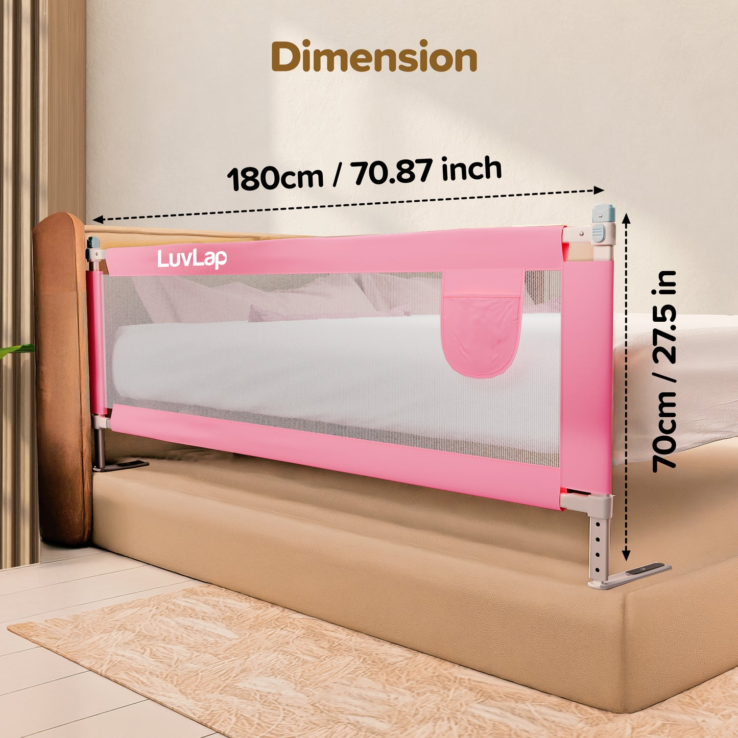 Bed Rail Guard for Baby/Kids Safety, 180cm x 72 cm, Portable & Foldable, Baby Safety Essential, Adjustable Height, fits All Bed Sizes (Pink - Without Print)