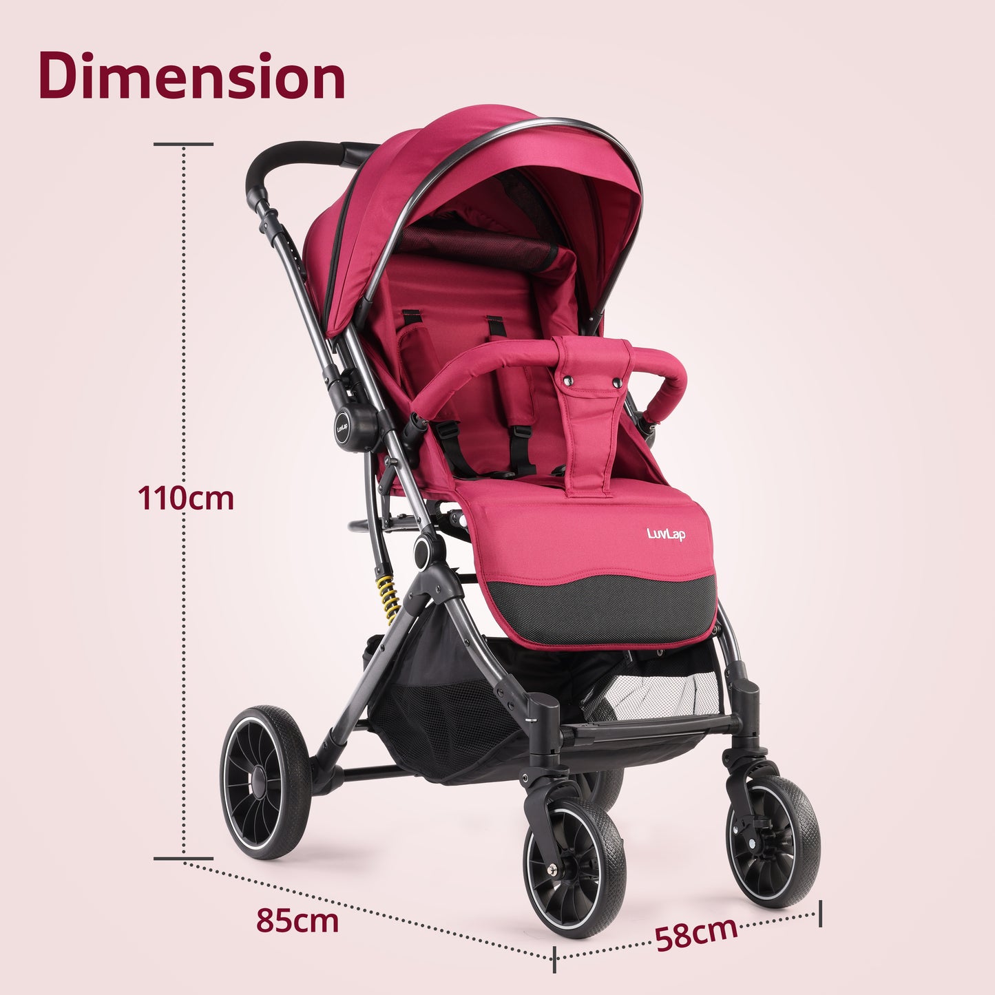 Alpha Baby Stroller/Pram, One Fold, Travel Friendly, 5 Point Safety Harness, Reversible Handle bar, Multilevel Recline & Adjustable footrest, Extendable Canopy, for Babies 0-3 Years (Red)