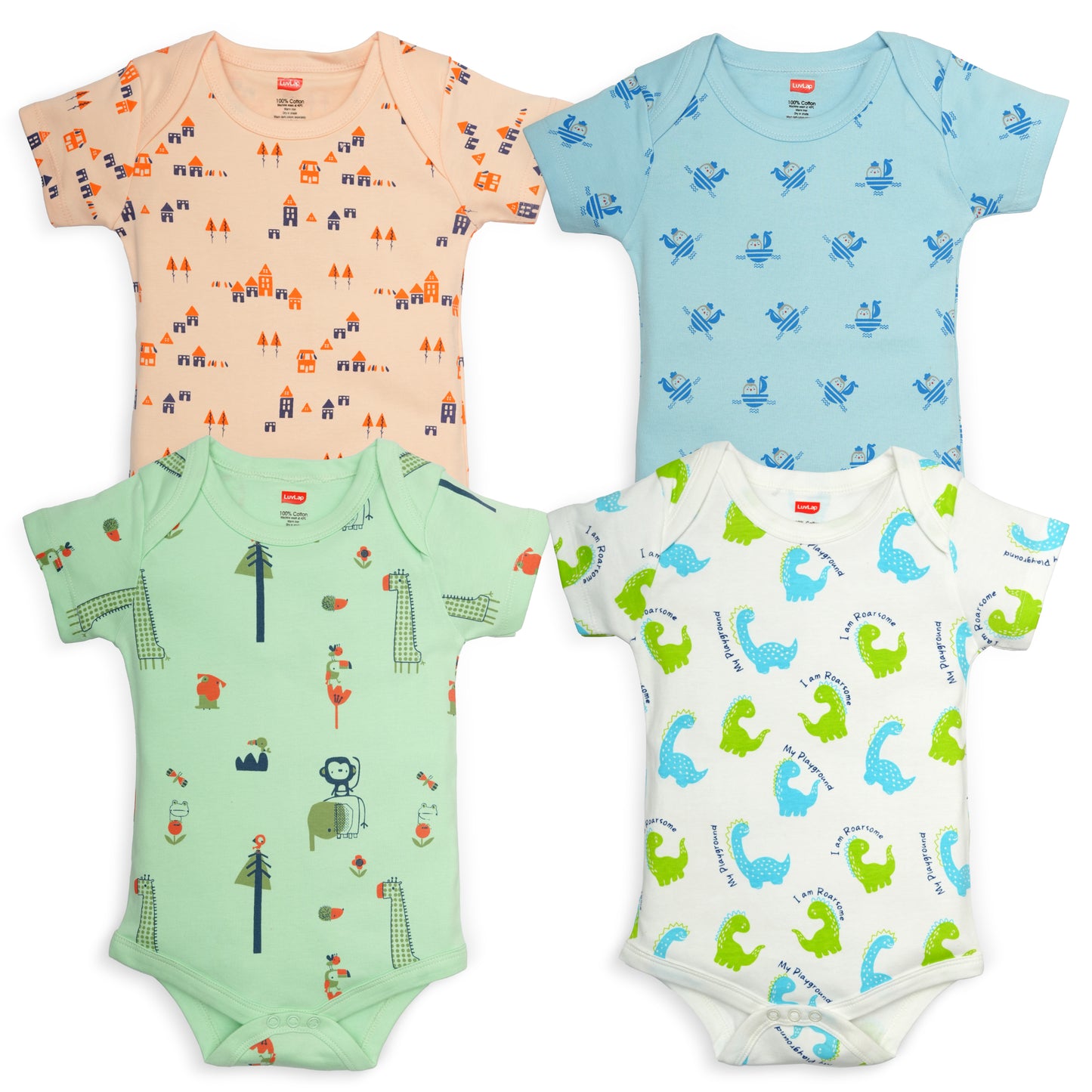 Baby Boys & Baby Girls Pack Of 4 Half Sleeve Romper/Bodysuit 100% Cotton