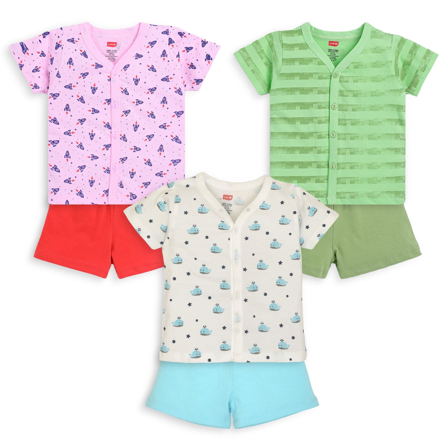 Baby Boys & Baby Girls Pack Of 3 Half Sleeve Jhabla & Shorts Set 100% Cotton
