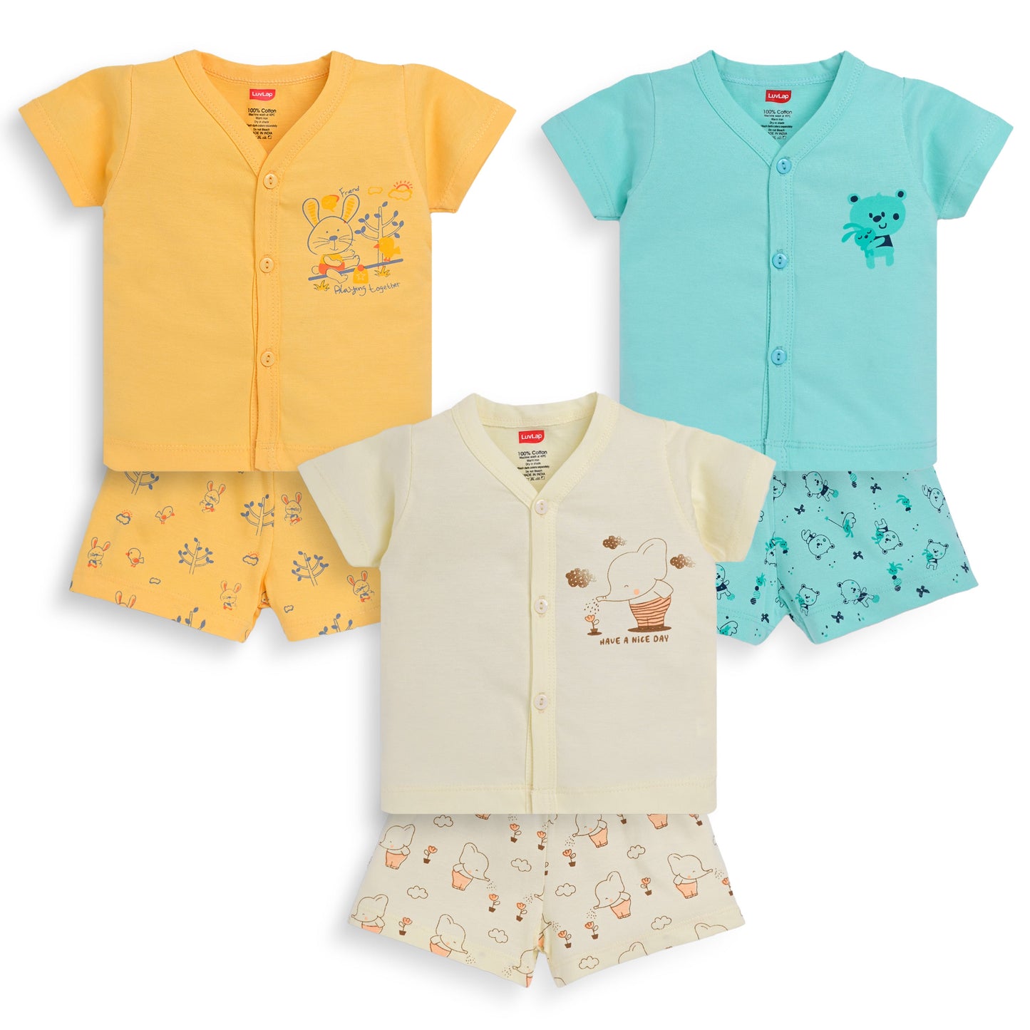 Baby Boys & Baby Girls Pack Of 3 Half Sleeve Jhabla & Shorts Set 100% Cotton