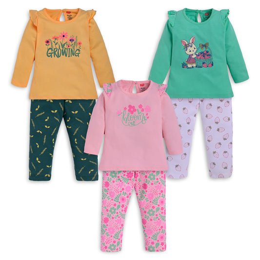 Baby Girls Pack Of 3 Full Sleeve Top & Pyjama Set 100% Cotton