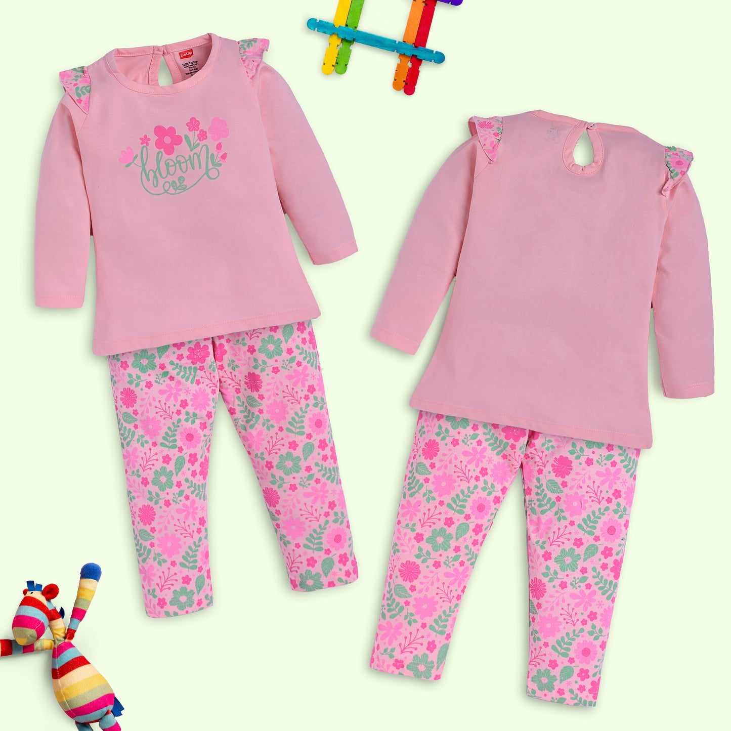 Baby Girls Pack Of 3 Full Sleeve Top & Pyjama Set 100% Cotton