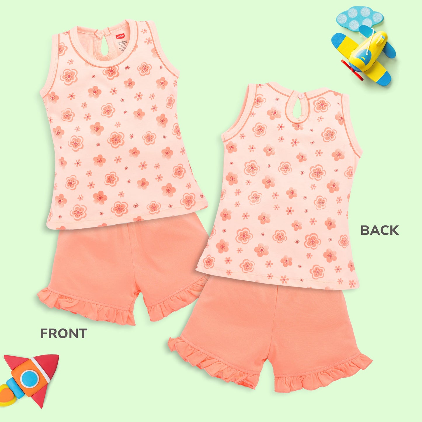 Baby Girls Pack Of 3 Sleeveless Top & Shorts Set 100% Cotton