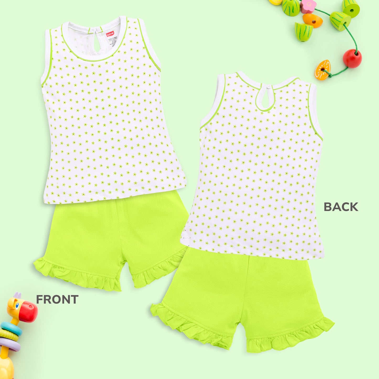 Baby Girls Pack Of 3 Sleeveless Top & Shorts Set 100% Cotton