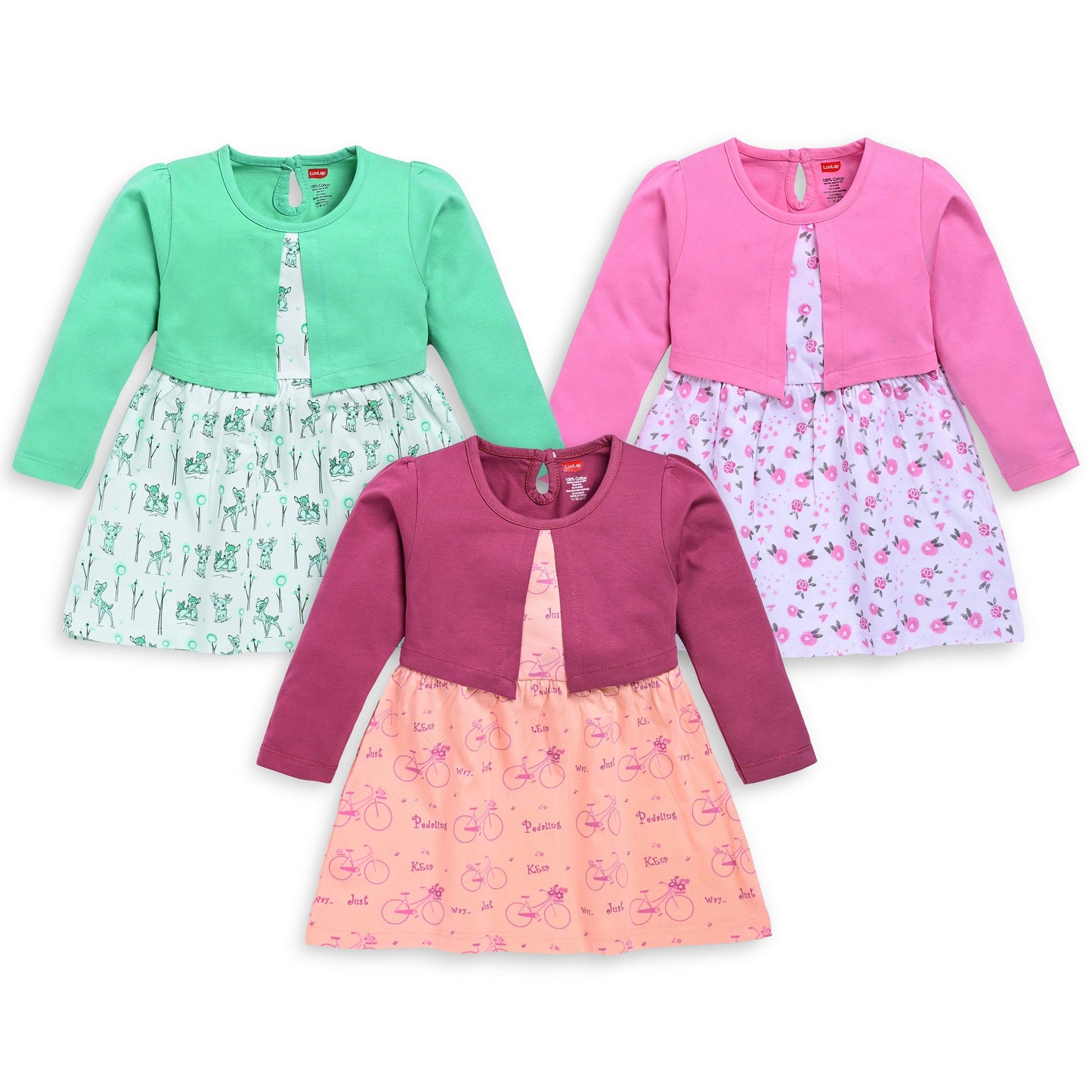 Baby Girls Pack Of 3 Full Sleeve Frock 100% Cotton