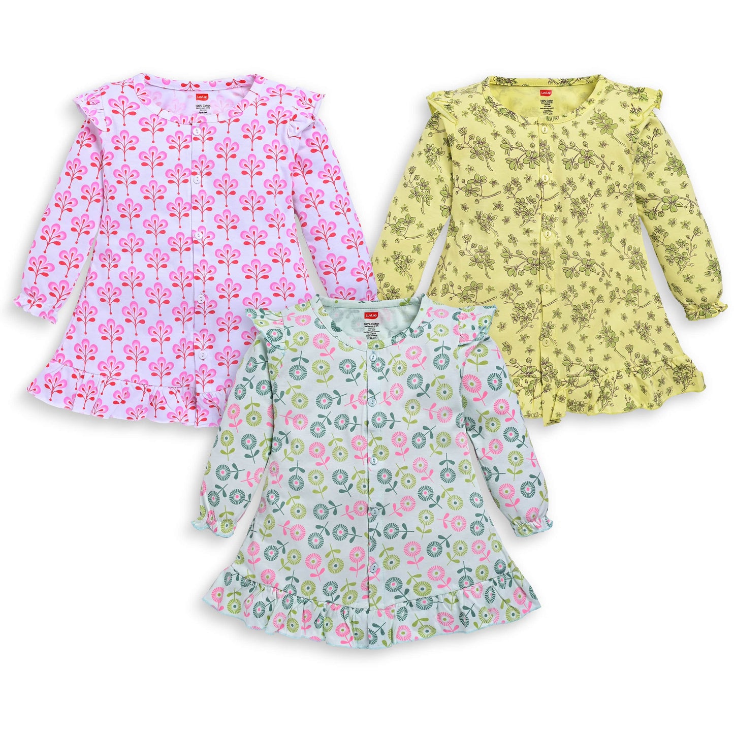 Baby Girls Pack Of 3 Full Sleeve Frock 100% Cotton