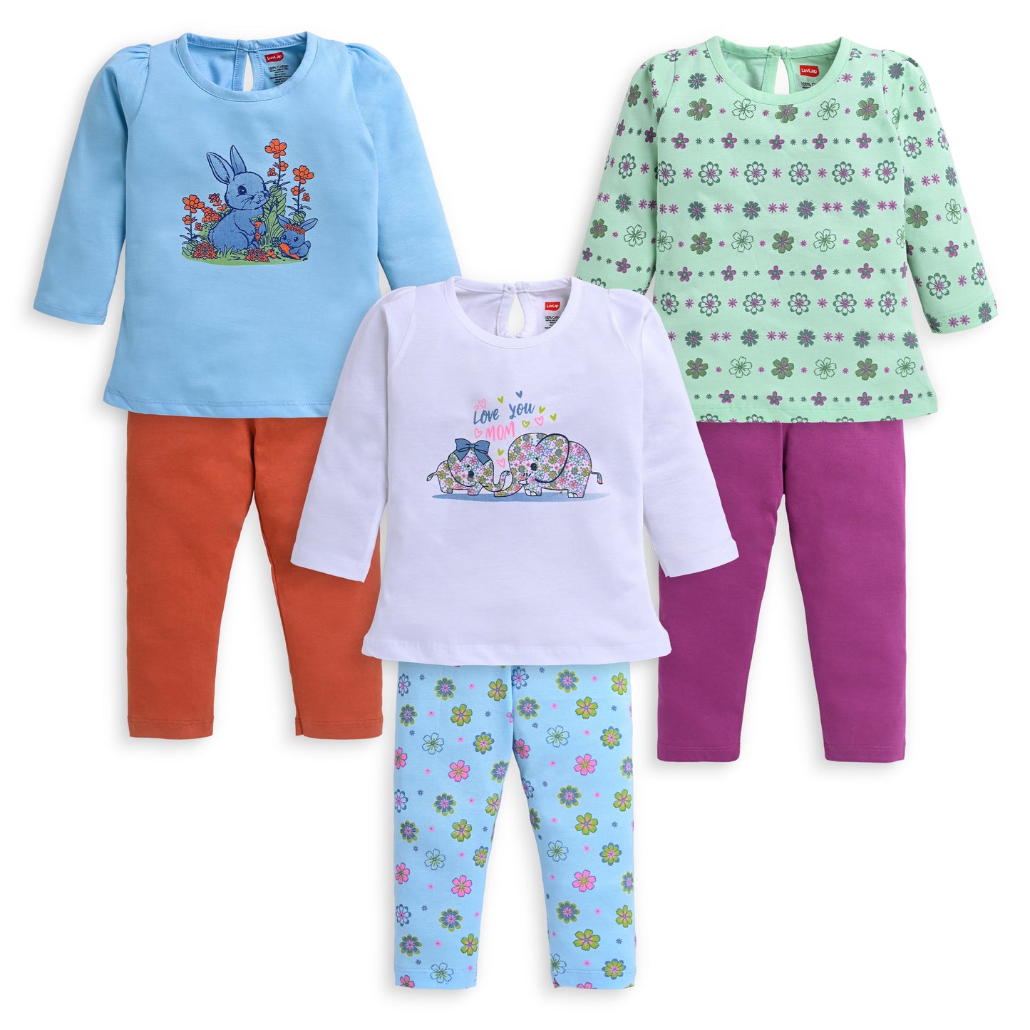 Baby Girls Pack Of 3 Full Sleeve Top & Pyjama Set 100% Cotton