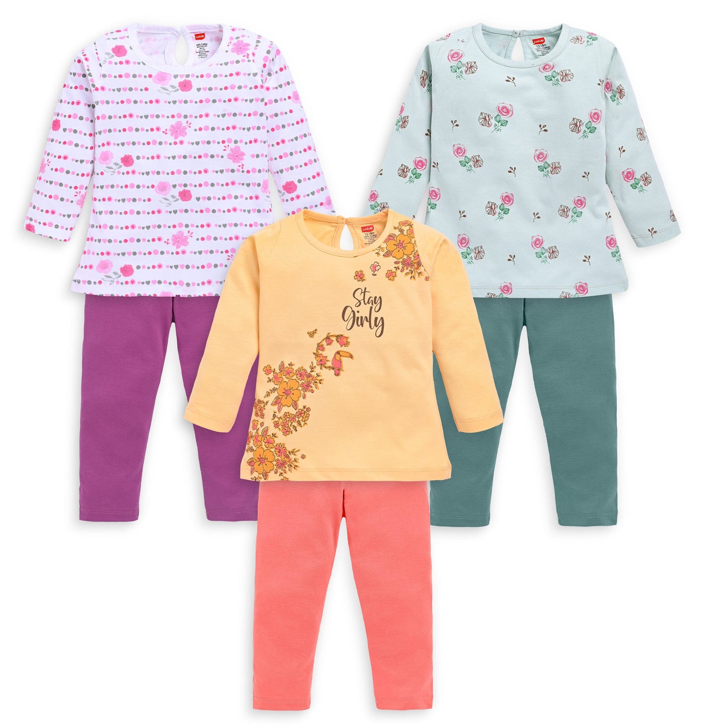 Girls Pack Of 3 Full Sleeve Top & Pyjama Set 100% Cotton