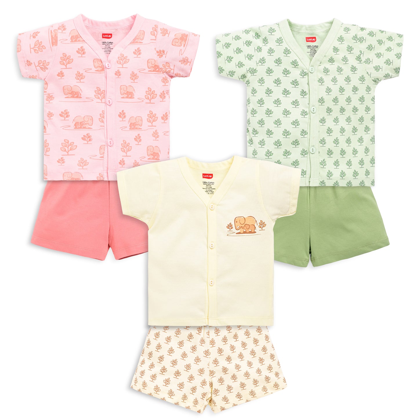 Baby Boys & Baby Girls Pack Of 3 Half Sleeve Jhabla & Shorts Set 100% Cotton