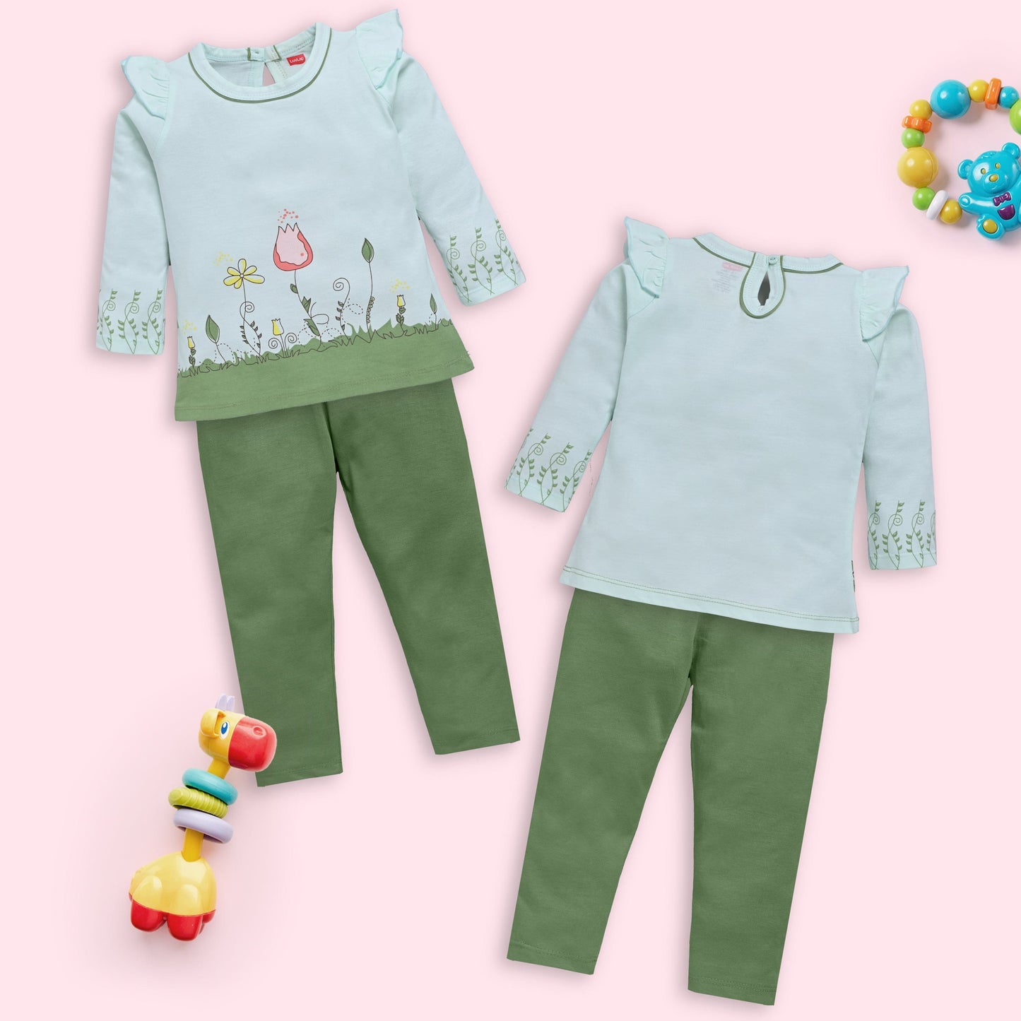 Baby Girls Pack Of 3 Full Sleeve Top & Pyjama Set 100% Cotton