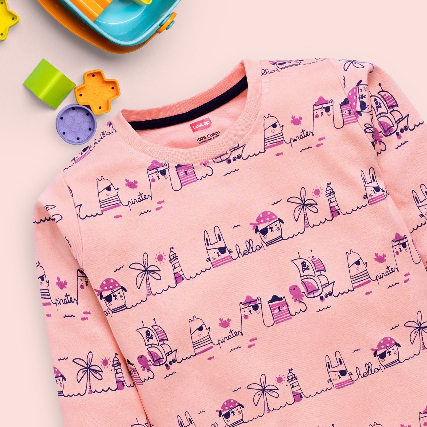 Baby Boys 100% Cotton Full Sleeve Boys T-Shirt & Pyjama Sets Pack Of 3, Peach, Pink Rose & White