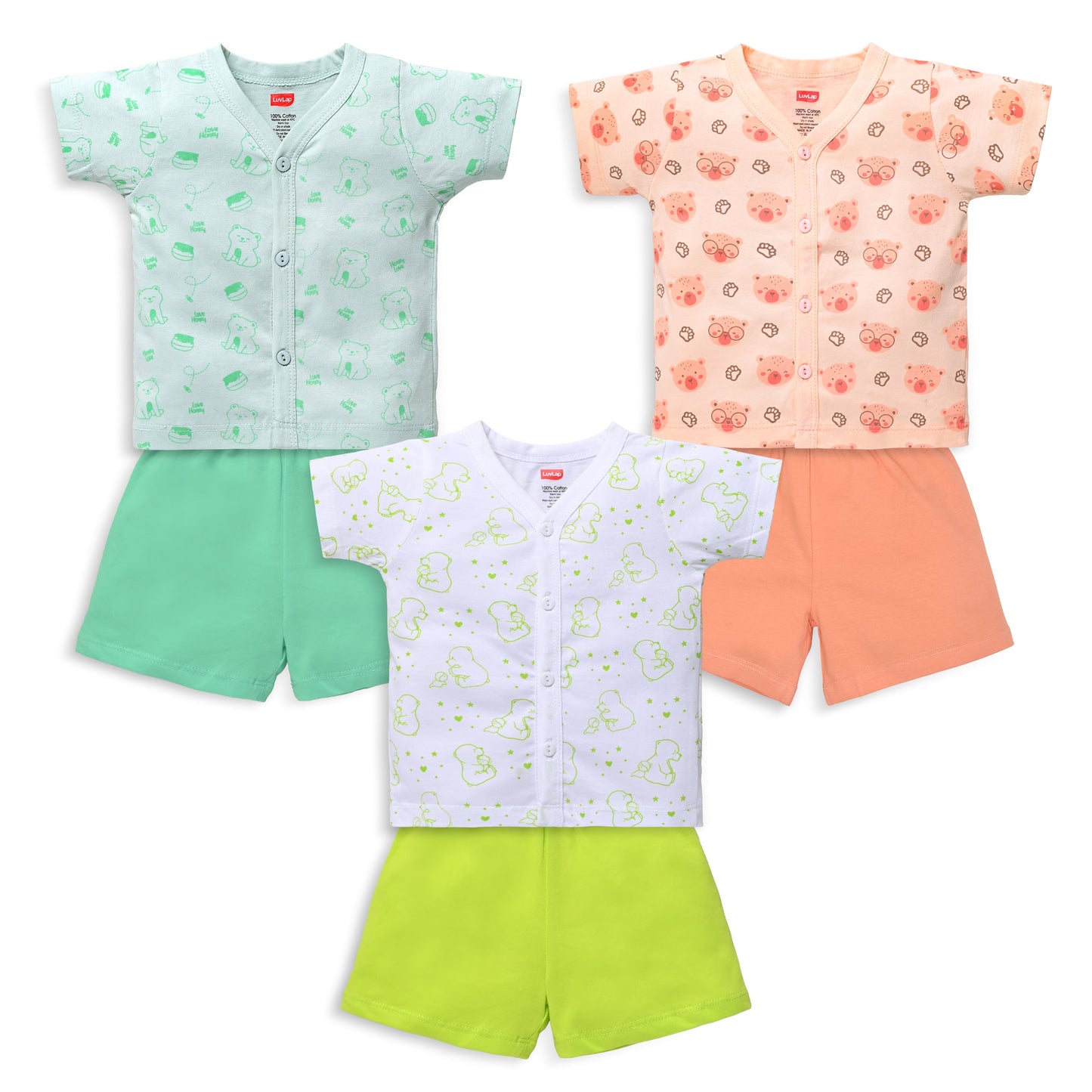 Baby Boys & Baby Girls Pack Of 3 Half Sleeve Jhabla & Shorts Set 100% Cotton
