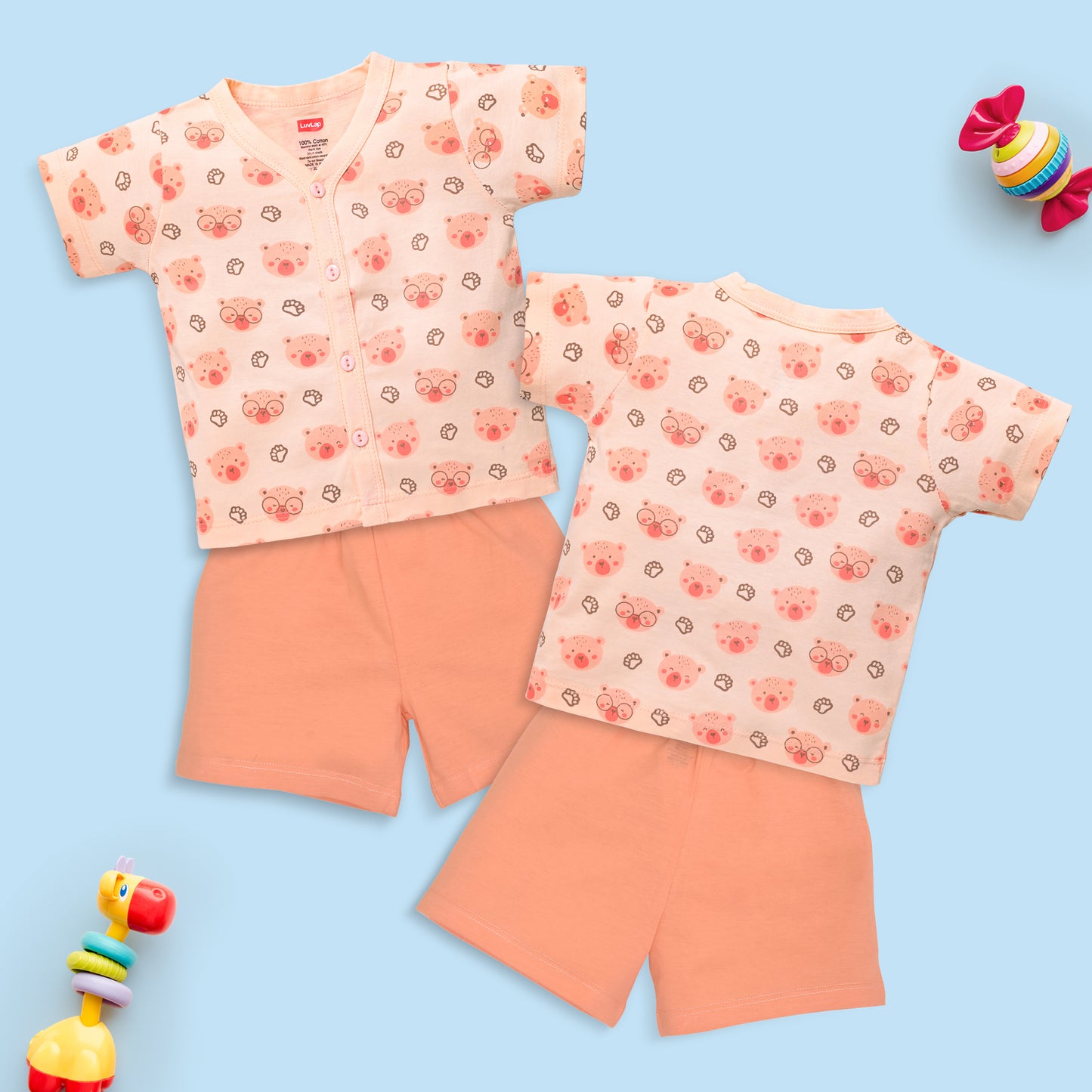Baby Boys & Baby Girls Pack Of 3 Half Sleeve Jhabla & Shorts Set 100% Cotton