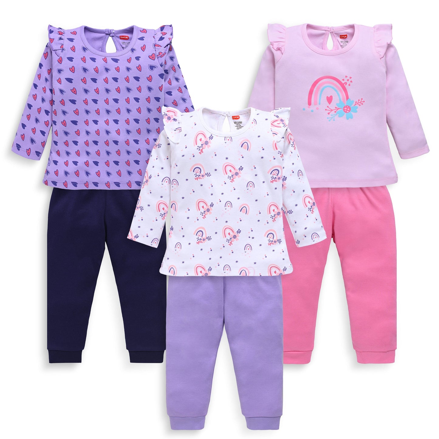 Baby Girls Pack Of 3 Full Sleeve Top & Pyjama Set 100% Cotton