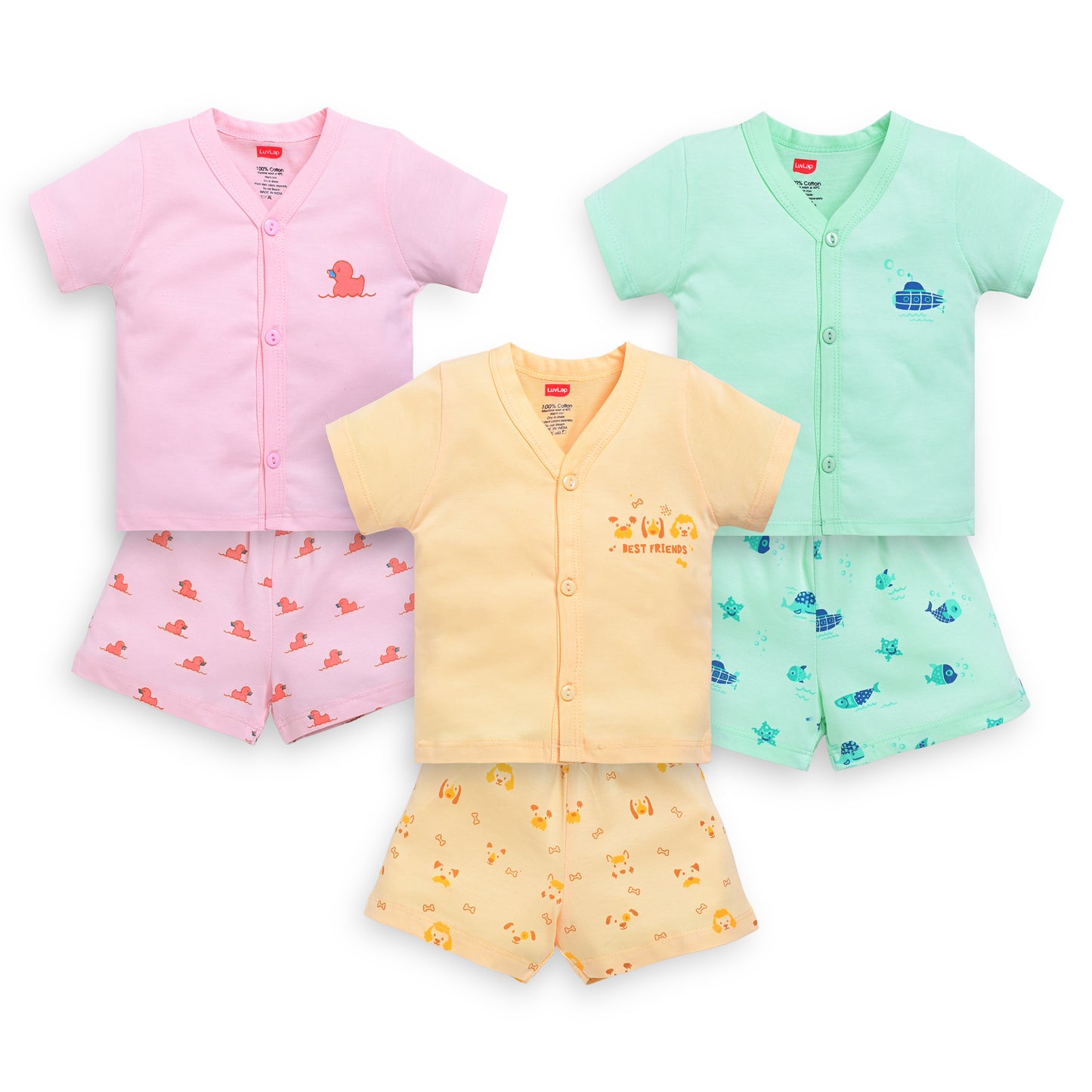 Boys & Girls Regular Fit 100% Cotton Half Sleeve Jhabla & Shorts Sets Pack Of 3, Sea Green, Pink Rose & Mango