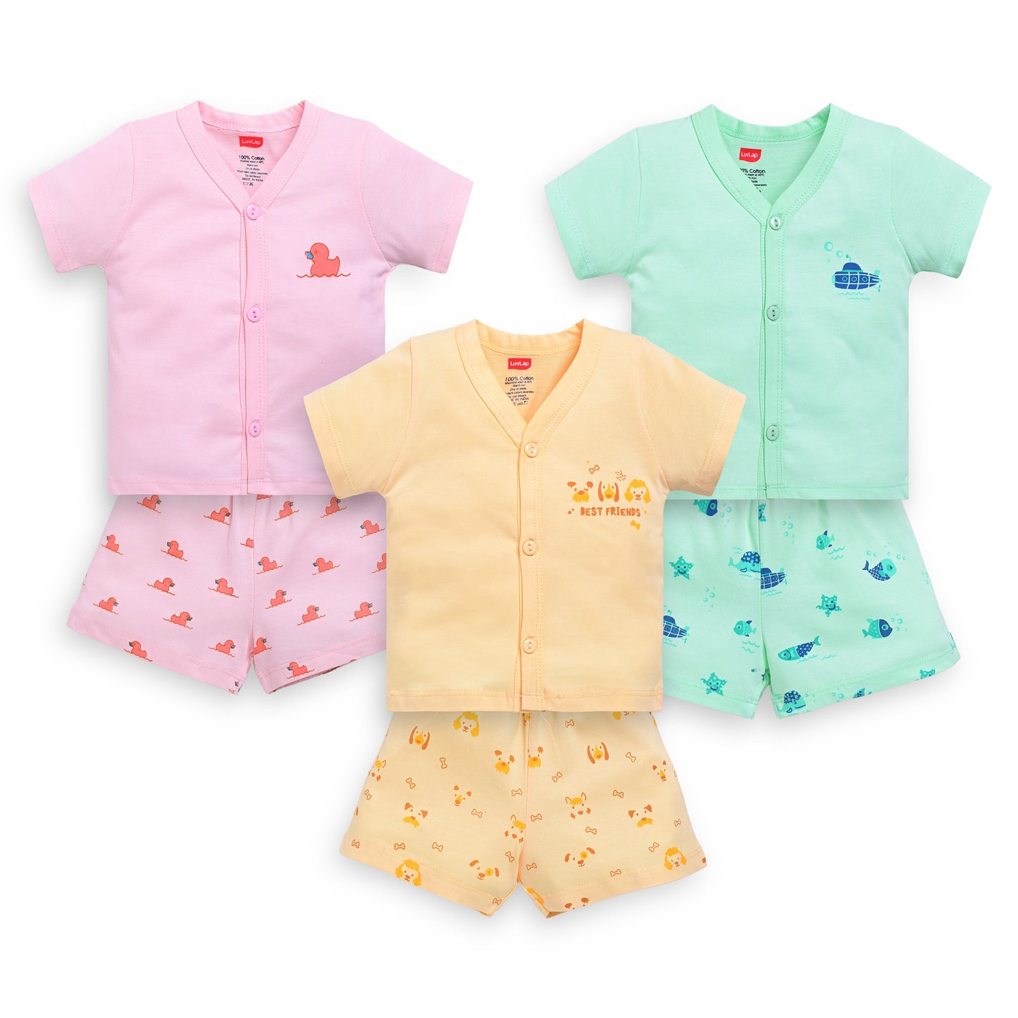 Boys & Girls Regular Fit 100% Cotton Half Sleeve Jhabla & Shorts Sets Pack Of 3, Sea Green, Pink Rose & Mango