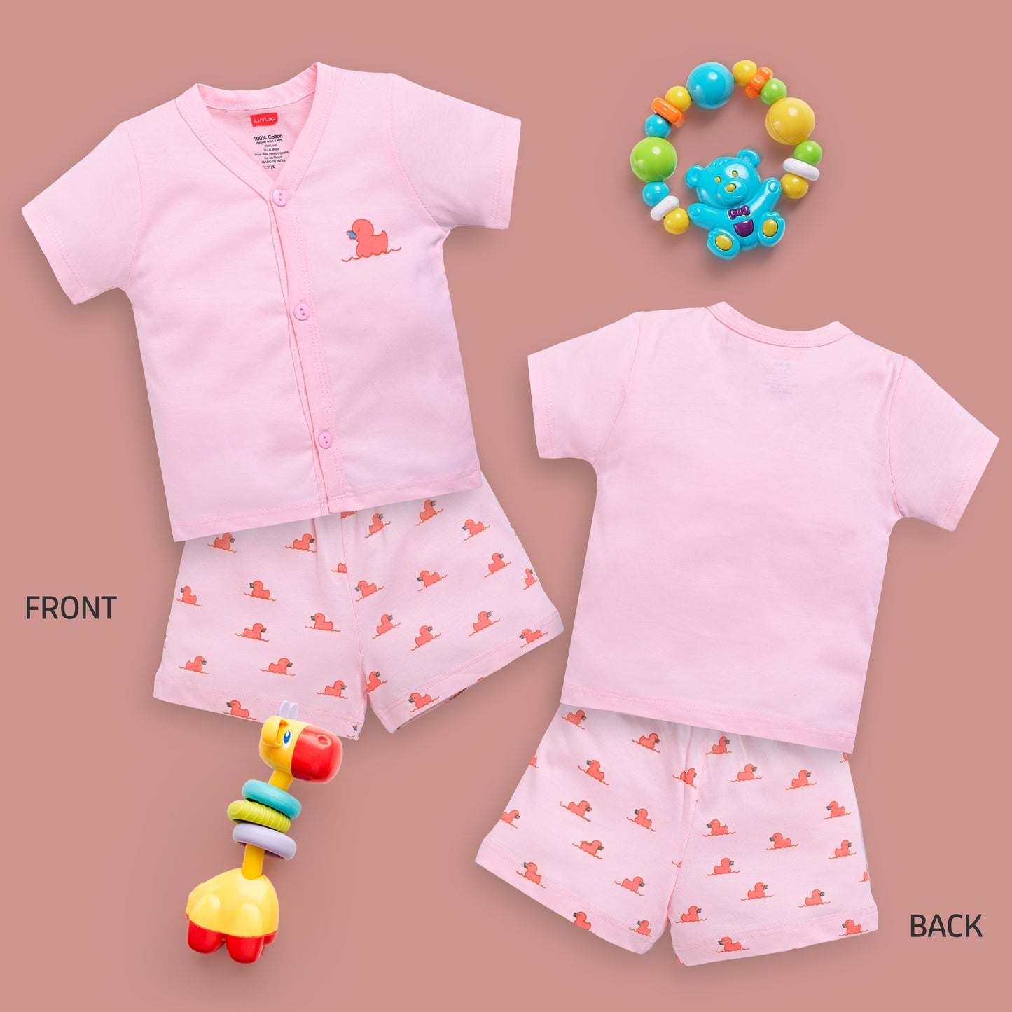 Boys & Girls Regular Fit 100% Cotton Half Sleeve Jhabla & Shorts Sets Pack Of 3, Sea Green, Pink Rose & Mango