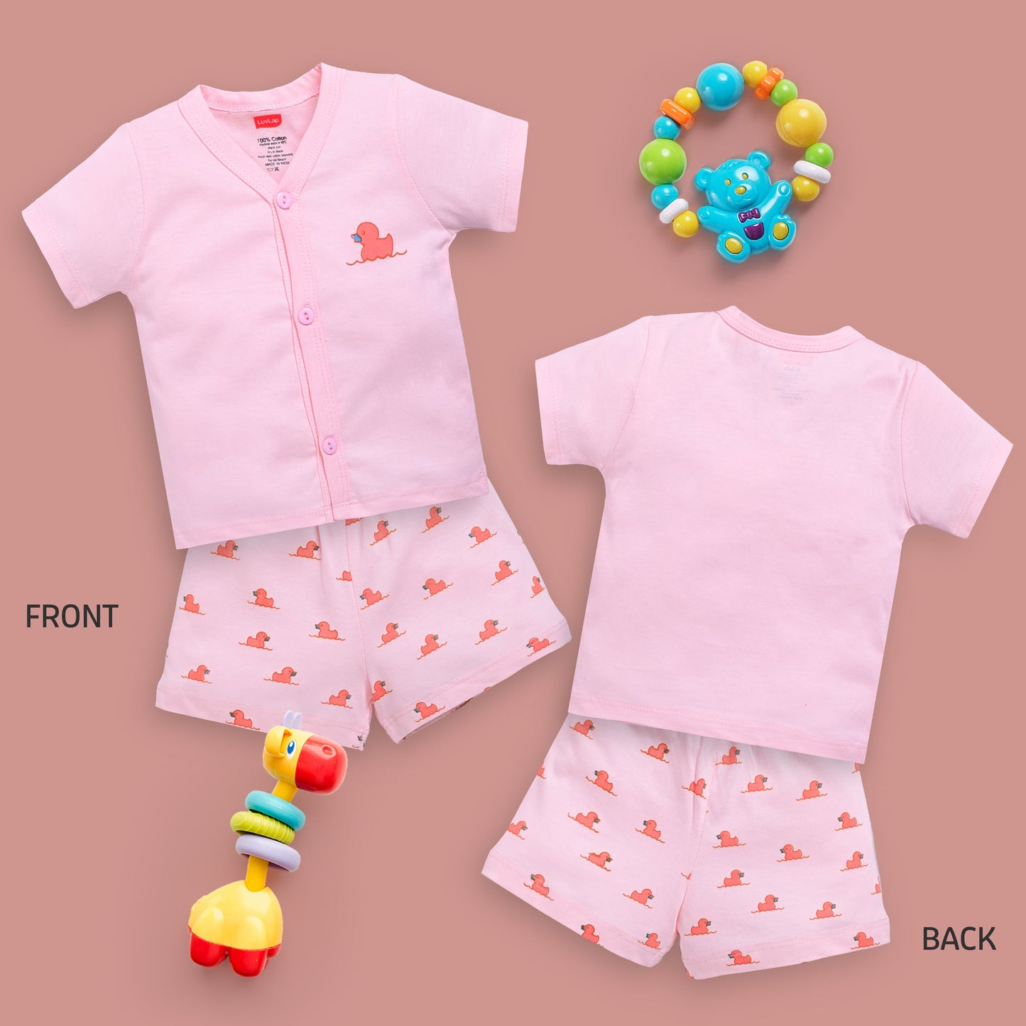 Boys & Girls Regular Fit 100% Cotton Half Sleeve Jhabla & Shorts Sets Pack Of 3, Sea Green, Pink Rose & Mango