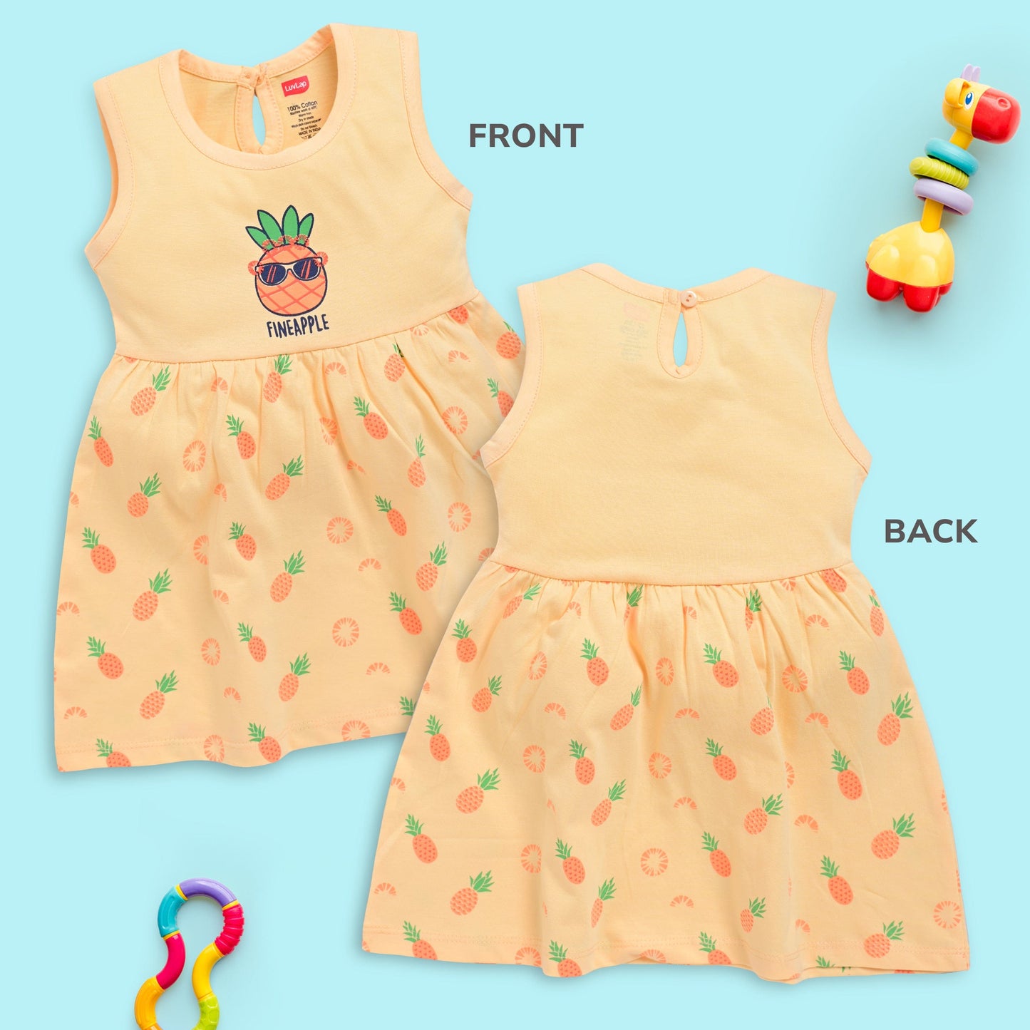 Baby Girl 100% Cotton Sleeveless Girls Frock Pack Of 3, Sea Foam Green, Mango & Baby Pink