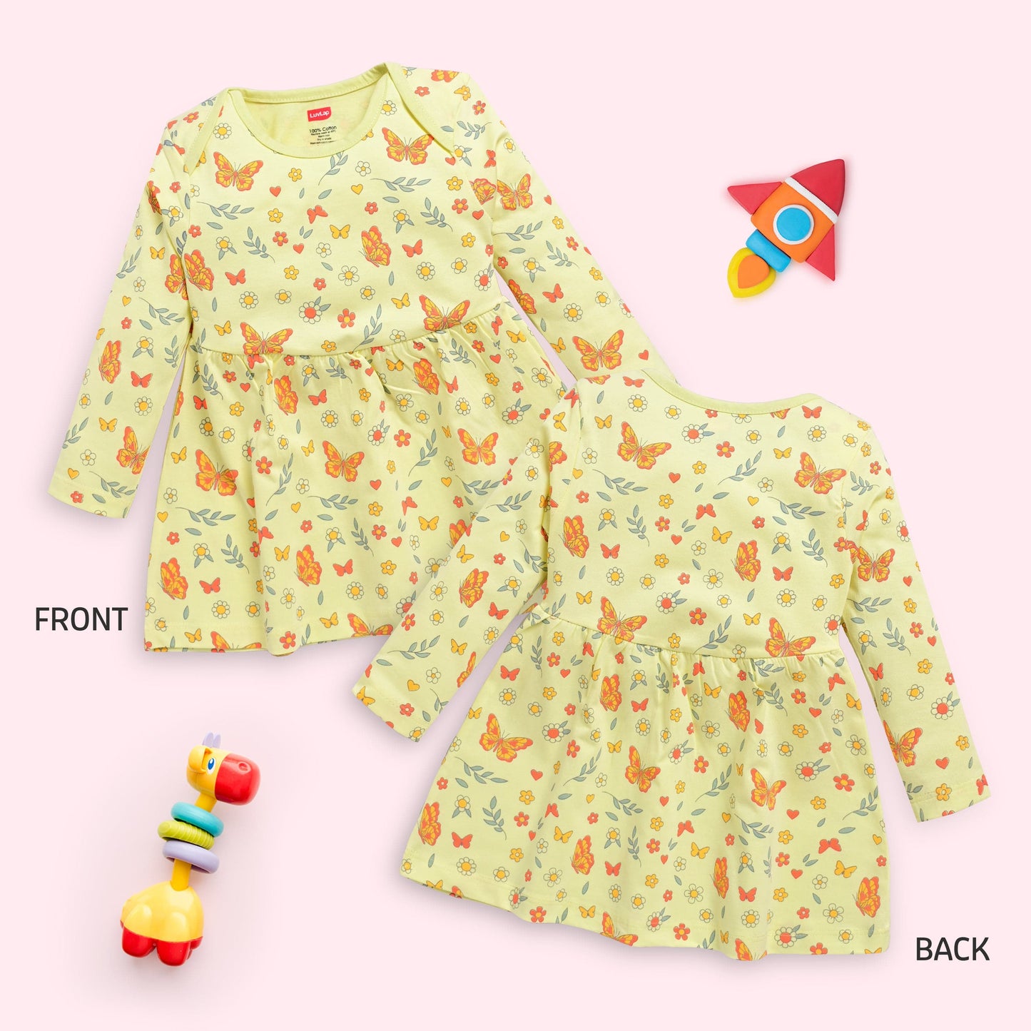 Baby Girls 100% Cotton Full Sleeve Girl Frock Pack Of 3, Lime Green, White & Pink Rose