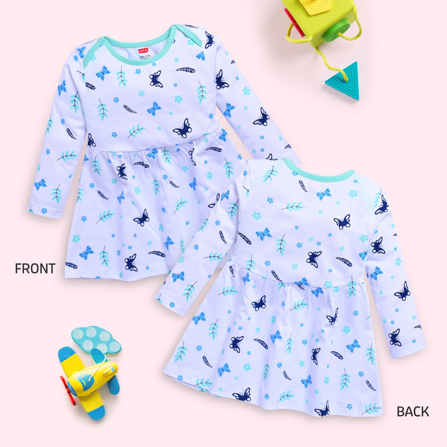 Baby Girls 100% Cotton Full Sleeve Girl Frock Pack Of 3, Lime Green, White & Pink Rose