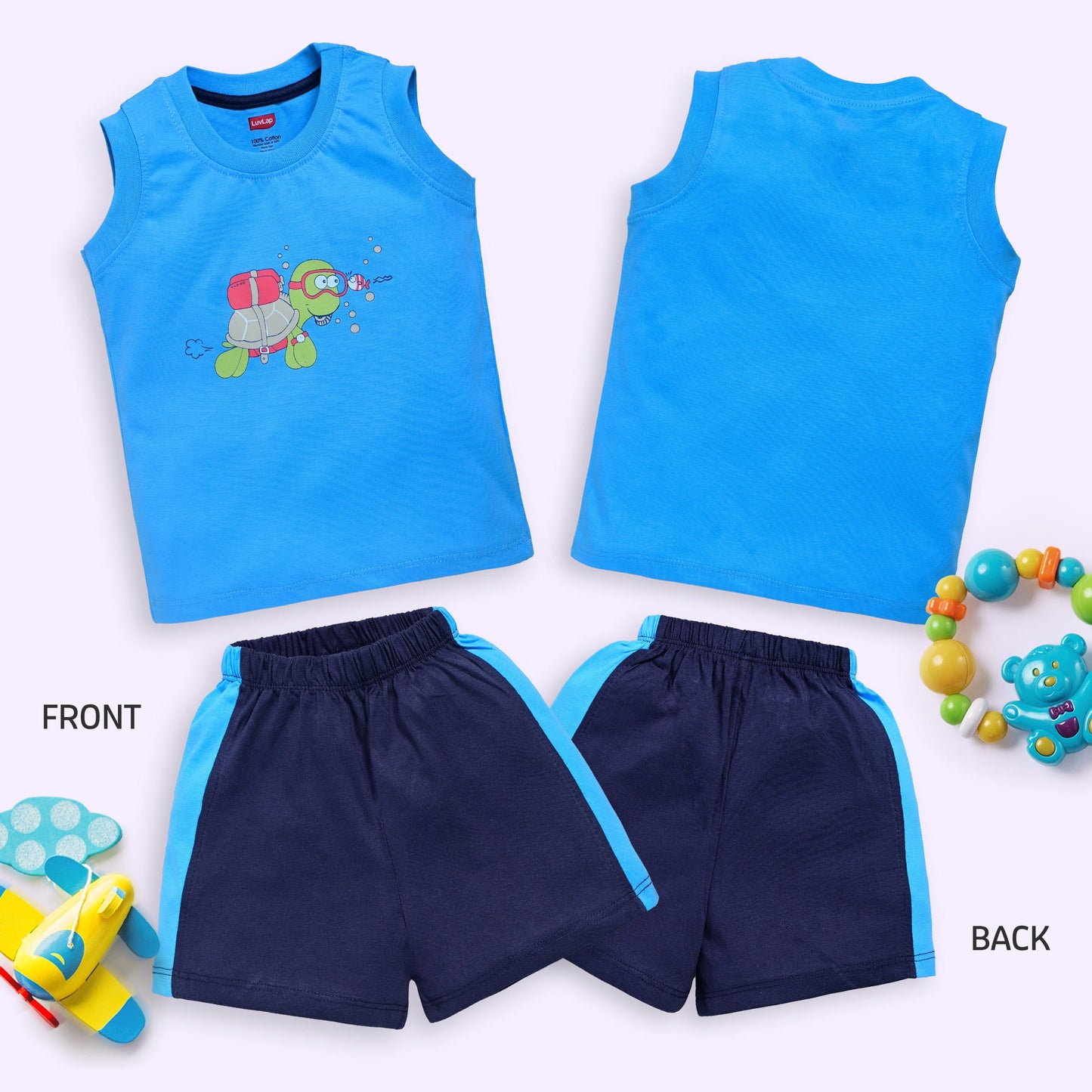 Baby Boys 100% Cotton Sleeveless Boys Tank Top & Shorts Sets Pack Of 3, Lime Green, White & Baltic Sea