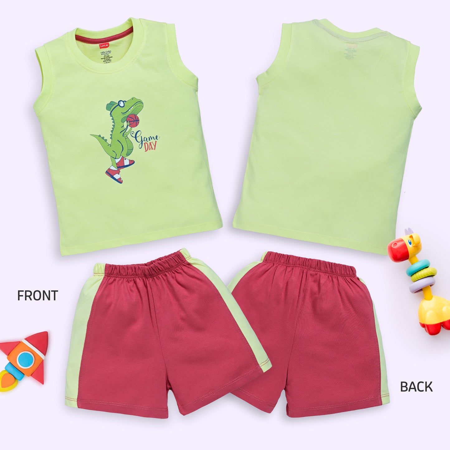 Baby Boys 100% Cotton Sleeveless Boys Tank Top & Shorts Sets Pack Of 3, Lime Green, White & Baltic Sea