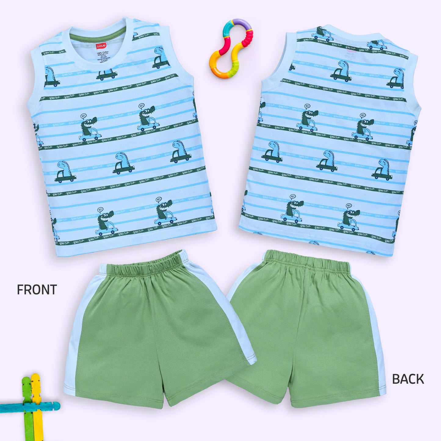 Baby Boys 100% Cotton Sleeveless Boys Tank Top & Shorts Sets Pack Of 3, Lime Green, White & Baltic Sea
