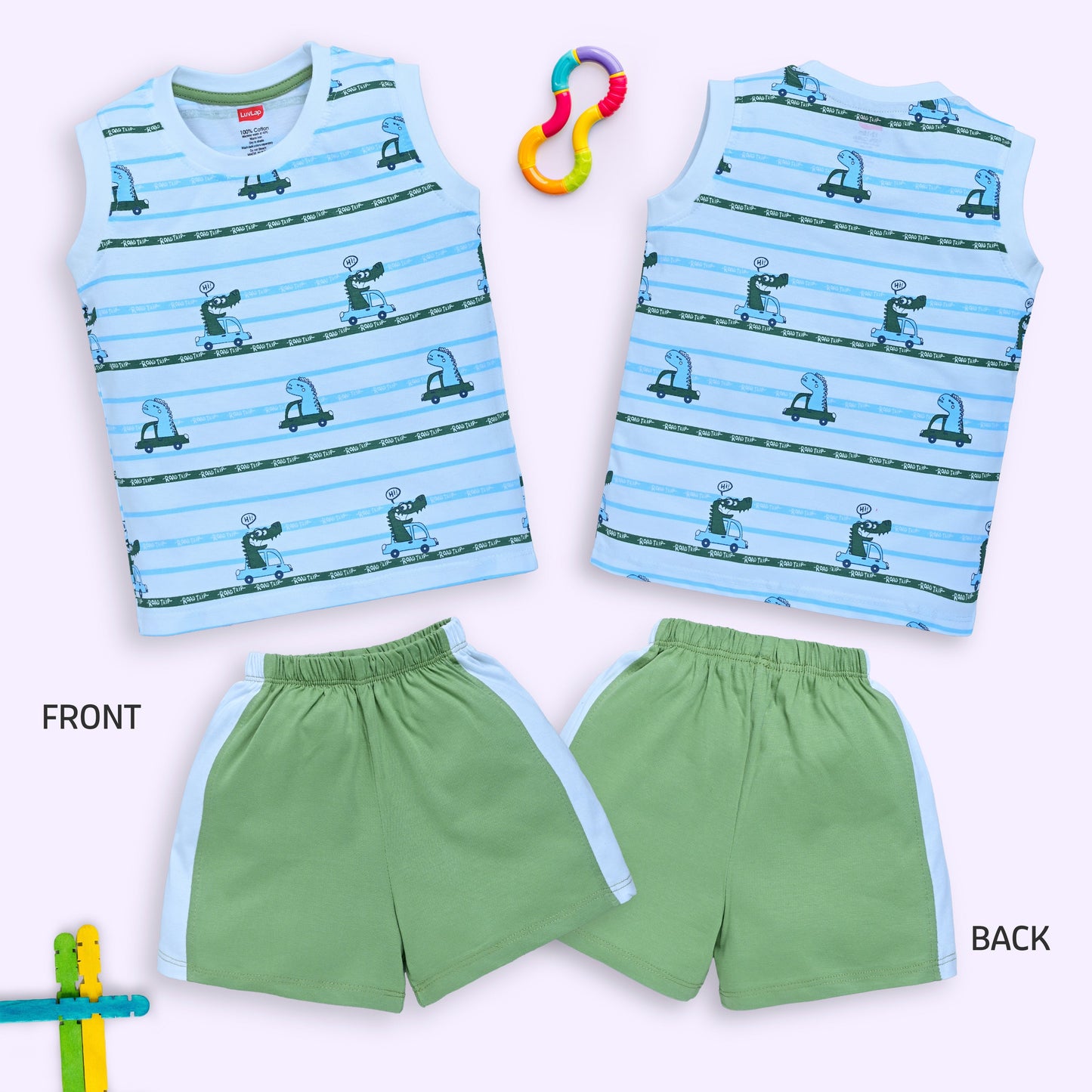 Baby Boys 100% Cotton Sleeveless Boys Tank Top & Shorts Sets Pack Of 3, Lime Green, White & Baltic Sea