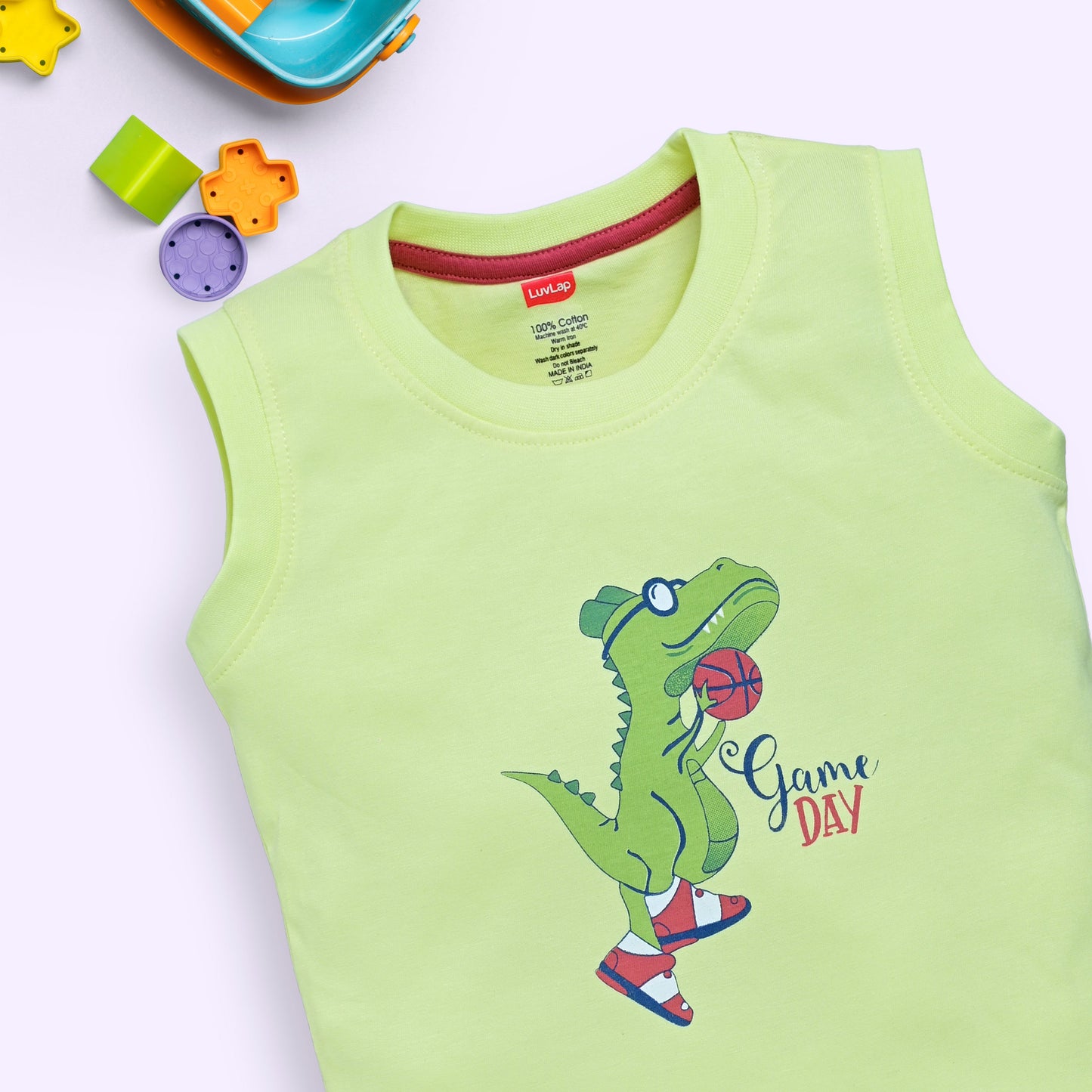 Baby Boys 100% Cotton Sleeveless Boys Tank Top & Shorts Sets Pack Of 3, Lime Green, White & Baltic Sea