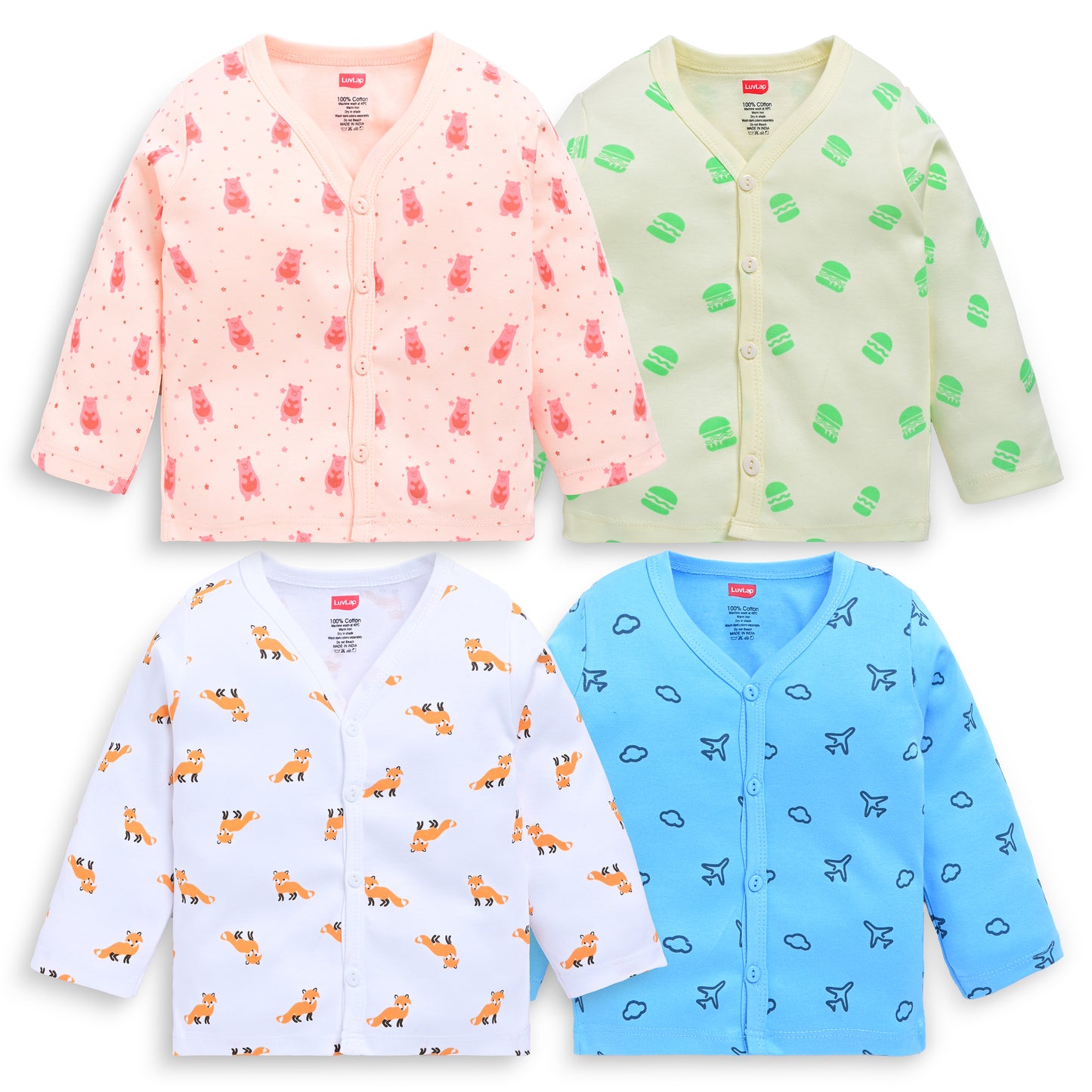 Boys & Girls Regular Fit 100% Cotton Full Sleeves Jhabla Pack Of 4, Off White, Light Peach, White & Baltic Sea
