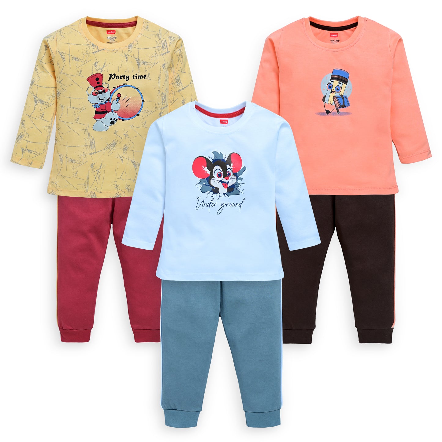 Baby Boys 100% Cotton Full Sleeve Boys T-Shirt & Pyjama Sets Pack Of 3, Mango, Sweet Peach & White