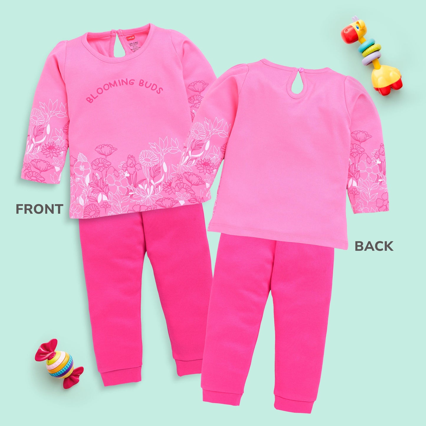 Baby Girls 100% Cotton Full Sleeve Girls Top & Pyjama CoSets Pack Of 3, Baby Pink, Morning Glory & Navy