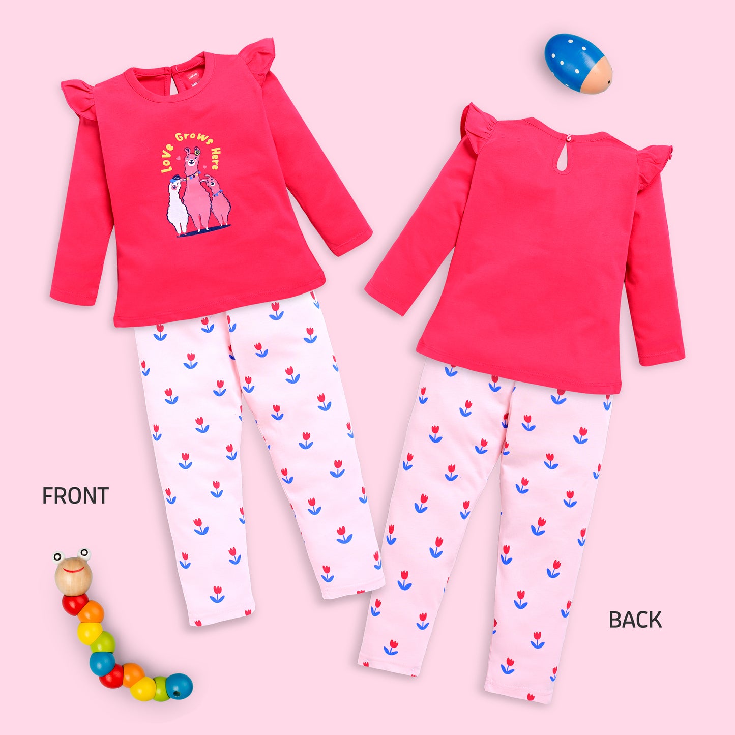 Baby Girls 100% Cotton Full Sleeve Girls Top & Pyjama CoSets Pack Of 3, Coral Red, Off White & Paradise Green