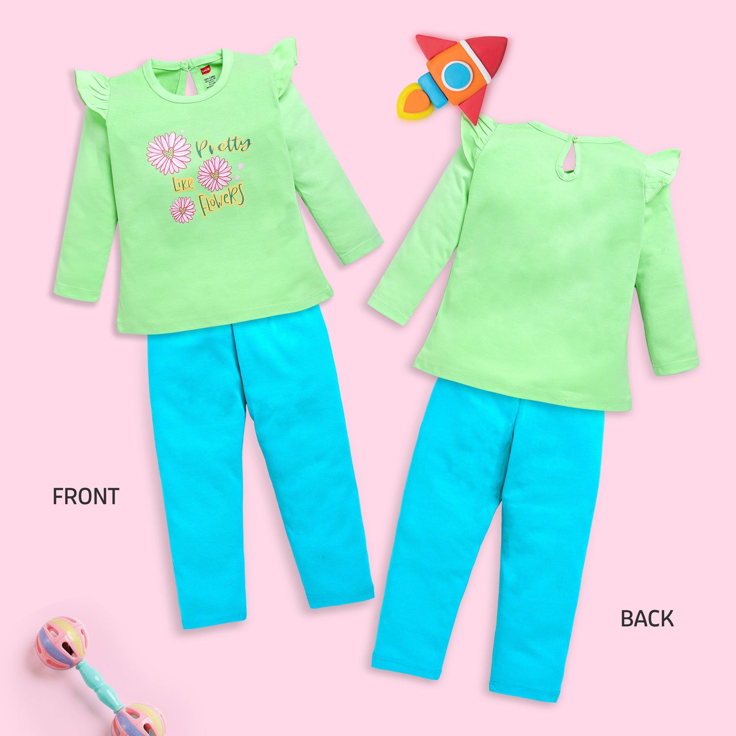 Baby Girls 100% Cotton Full Sleeve Girls Top & Pyjama CoSets Pack Of 3, Coral Red, Off White & Paradise Green