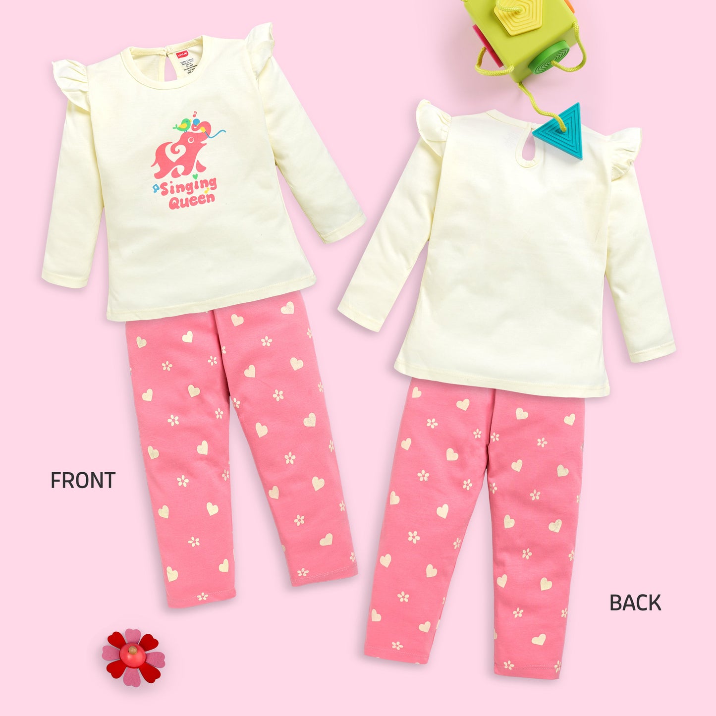 Baby Girls 100% Cotton Full Sleeve Girls Top & Pyjama CoSets Pack Of 3, Coral Red, Off White & Paradise Green