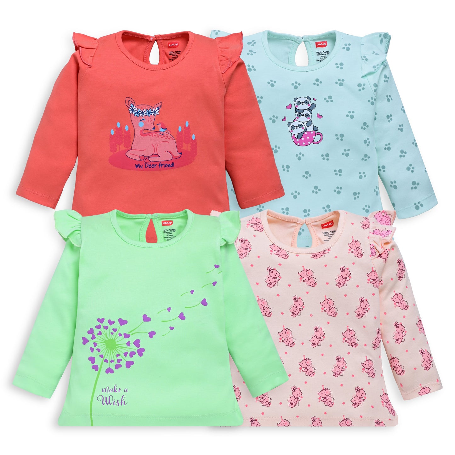 Baby Girls 100% Cotton Full Sleeve Girls Top Pack Of 4, Light Peach, Coral Quartz, Mint & Paradise Green