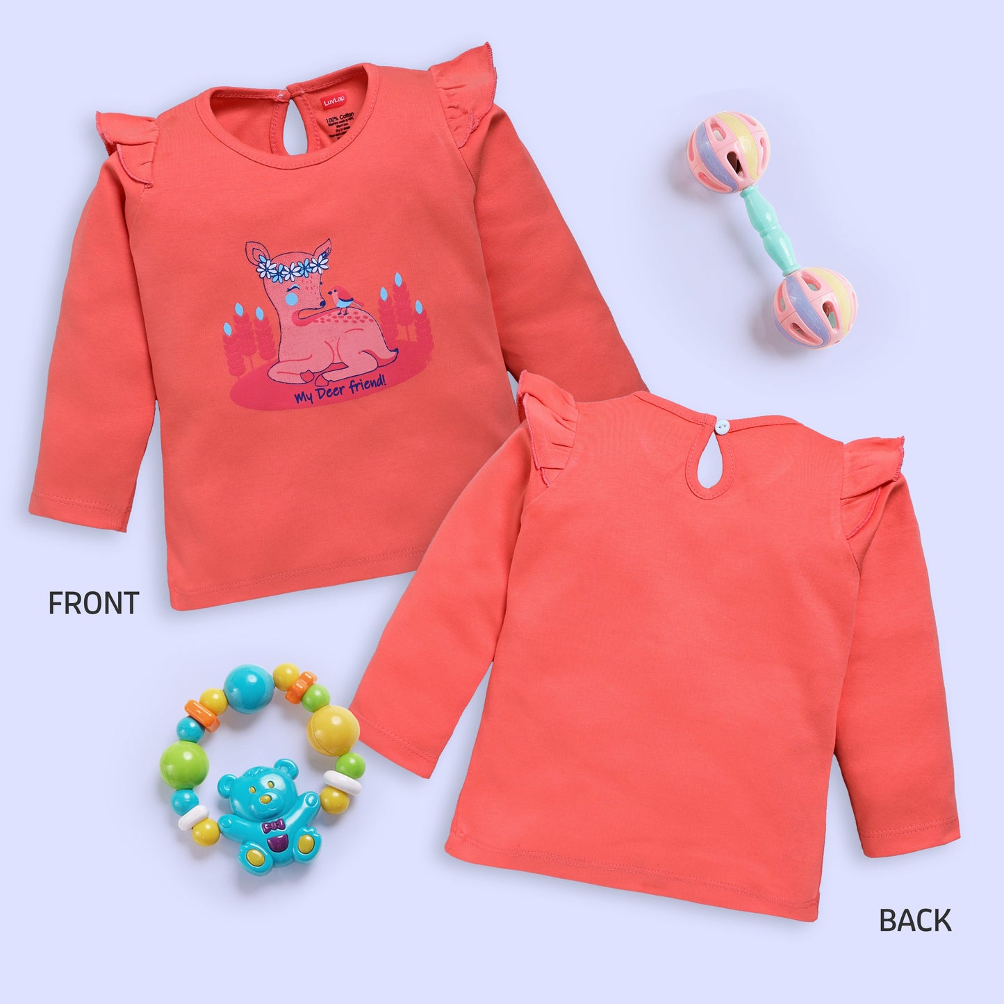 Baby Girls 100% Cotton Full Sleeve Girls Top Pack Of 4, Light Peach, Coral Quartz, Mint & Paradise Green