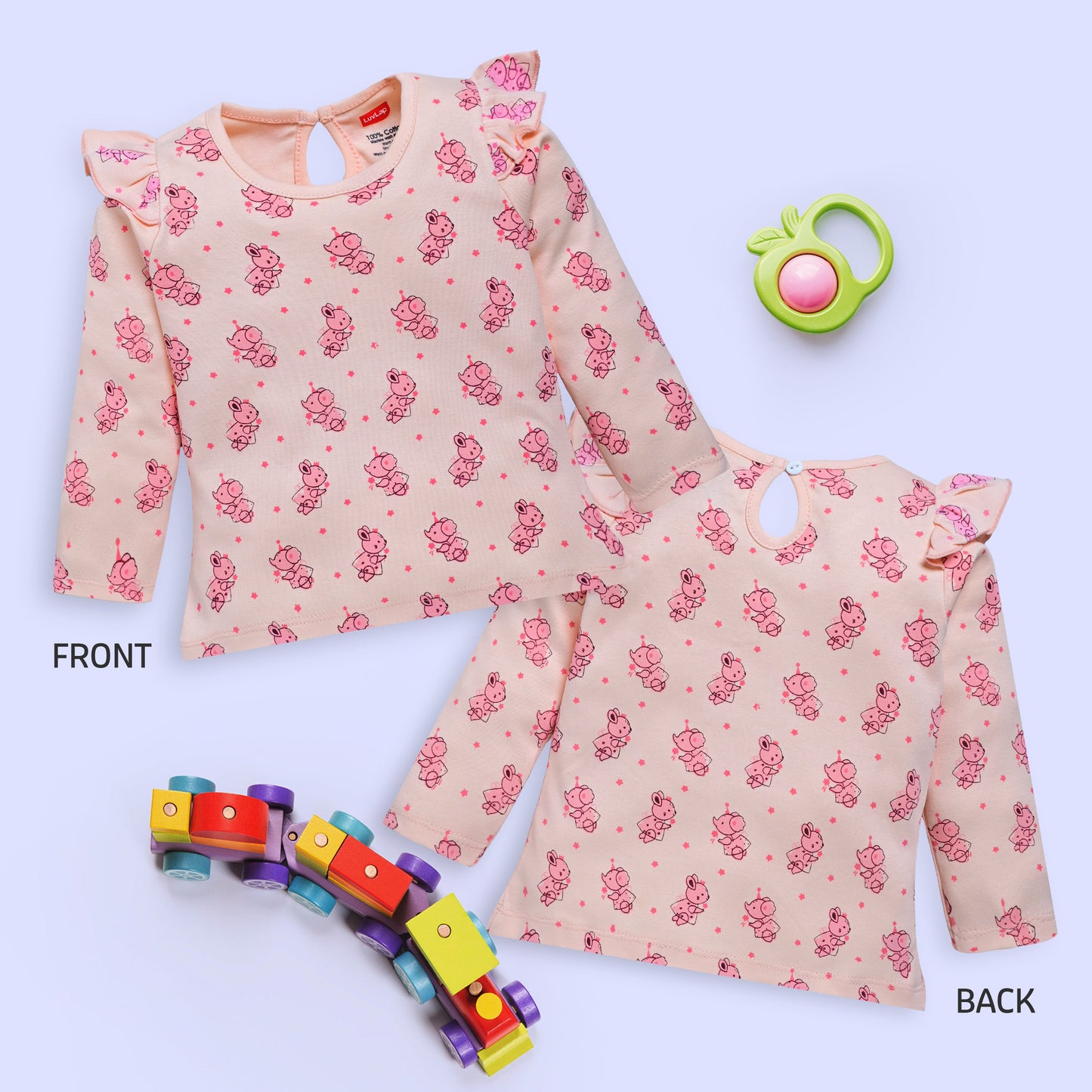 Baby Girls 100% Cotton Full Sleeve Girls Top Pack Of 4, Light Peach, Coral Quartz, Mint & Paradise Green