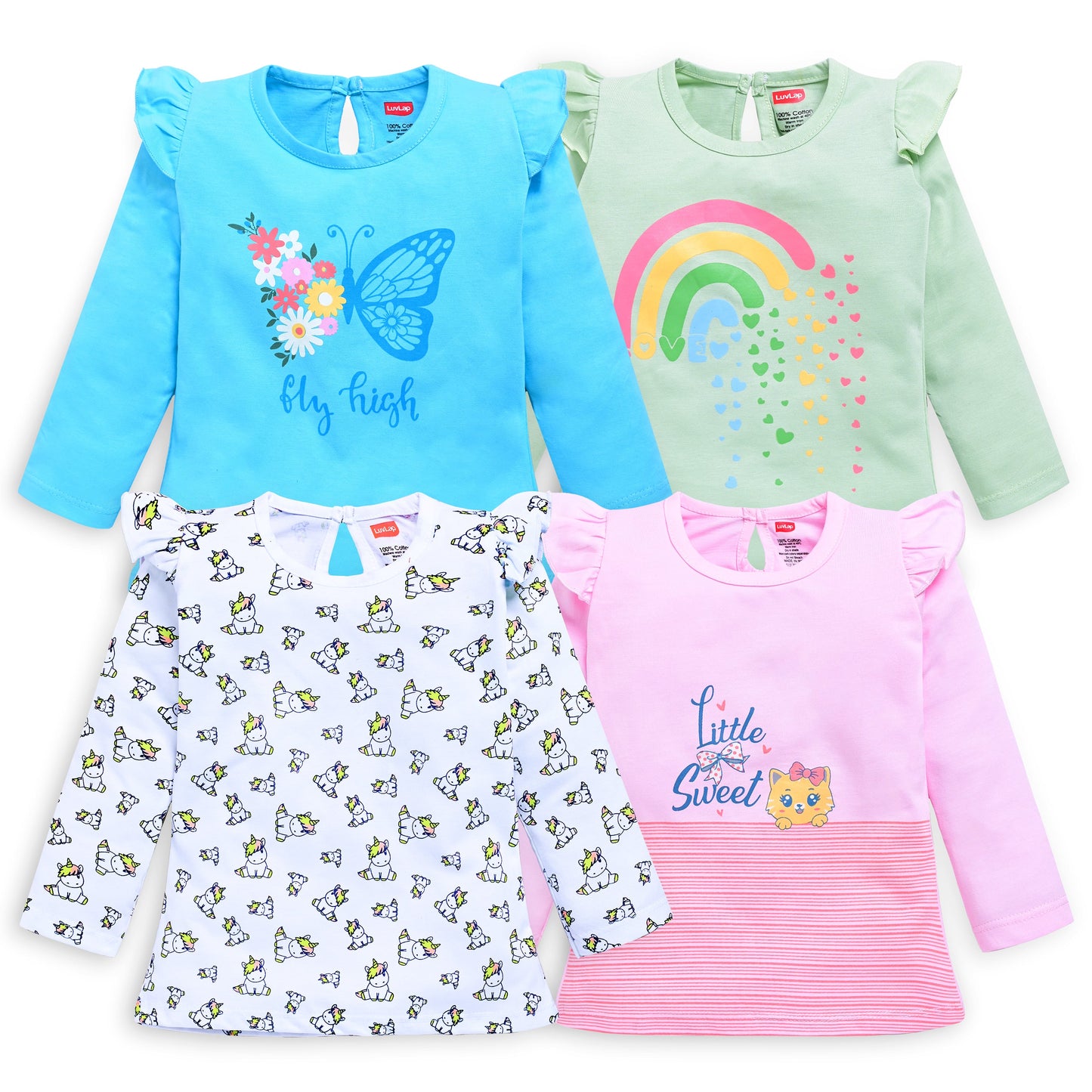 Baby Girls 100% Cotton Full Sleeve Girls Top Pack Of 4, Baby Pink, Blue Radiance, Sea Foam Green & White