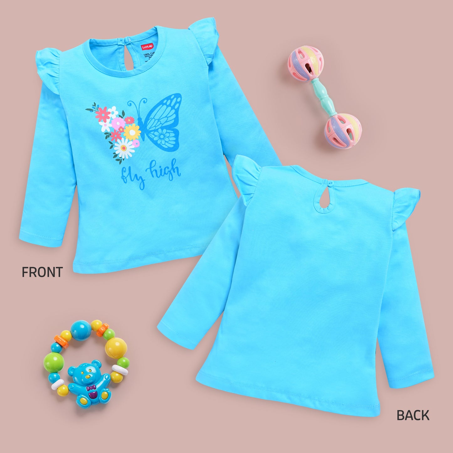 Baby Girls 100% Cotton Full Sleeve Girls Top Pack Of 4, Baby Pink, Blue Radiance, Sea Foam Green & White