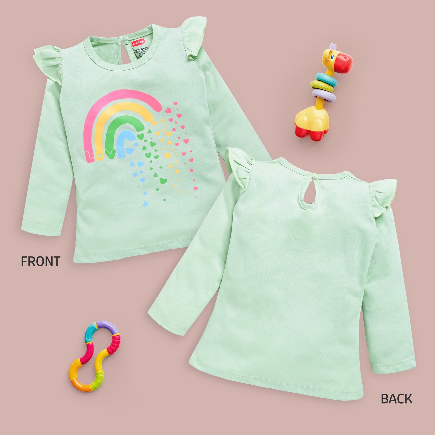Baby Girls 100% Cotton Full Sleeve Girls Top Pack Of 4, Baby Pink, Blue Radiance, Sea Foam Green & White