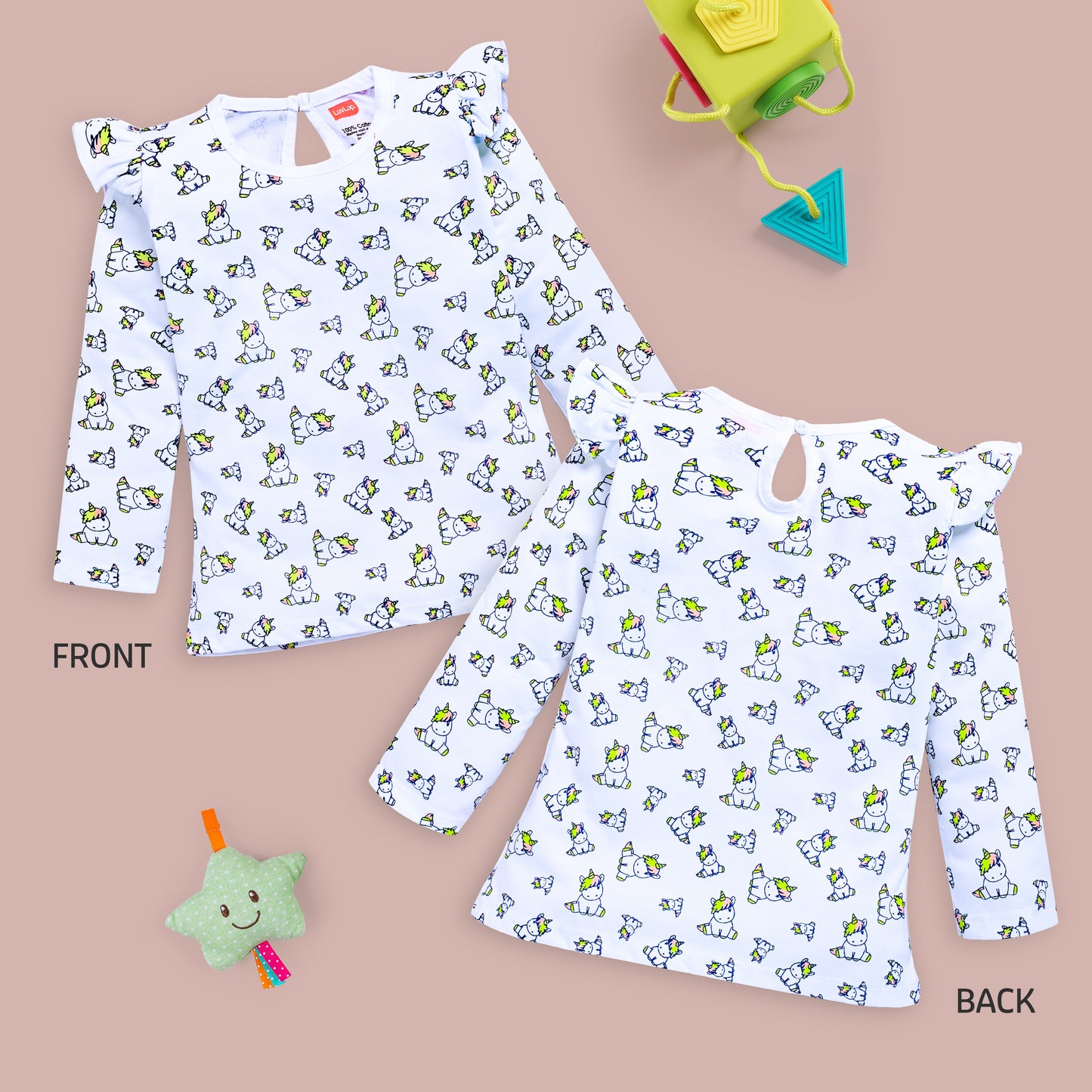 Baby Girls 100% Cotton Full Sleeve Girls Top Pack Of 4, Baby Pink, Blue Radiance, Sea Foam Green & White