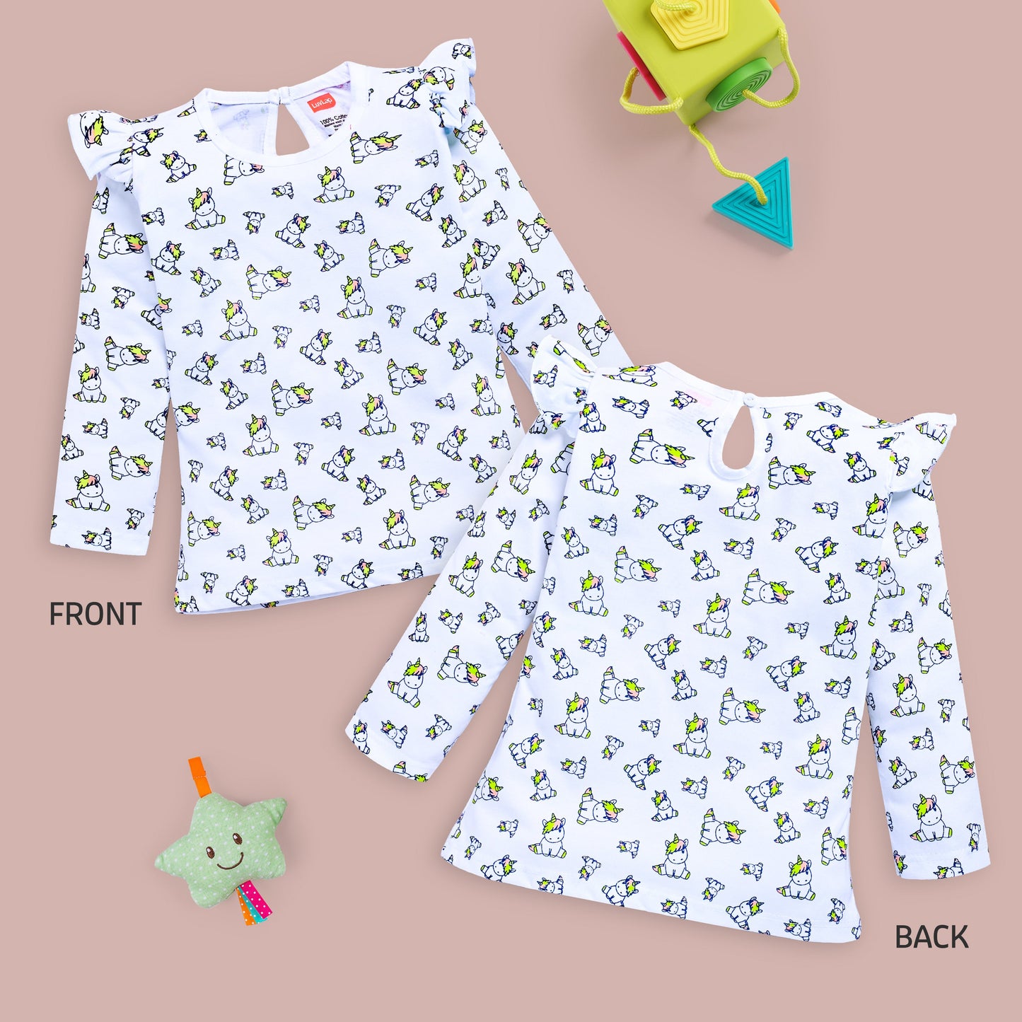 Baby Girls 100% Cotton Full Sleeve Girls Top Pack Of 4, Baby Pink, Blue Radiance, Sea Foam Green & White