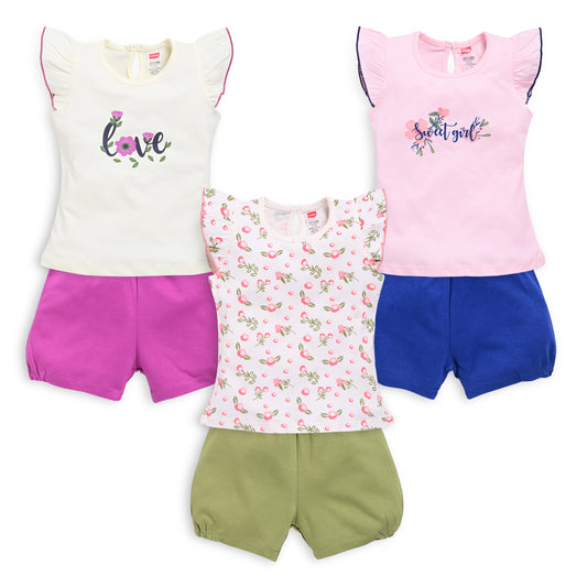 Baby Girls Regular Fit 100% Cotton Half Sleeves Girls Top CoSets Pack Of 3, Pink Rose, Off White & Sea Salt