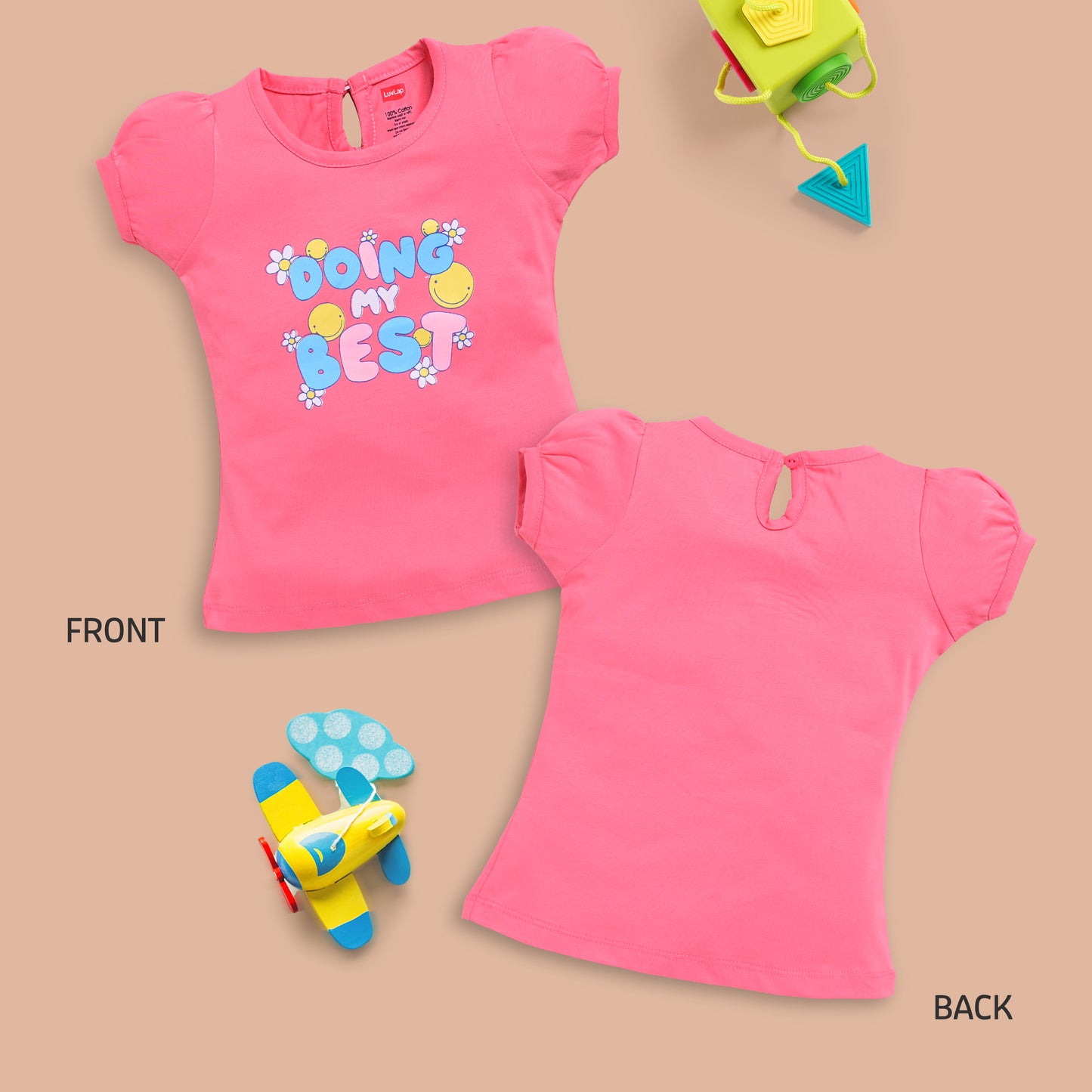 Baby Girls Regular Fit 100% Cotton Half Sleeves Girls Top Pack Of 5, Salmon Rose, Baby Pink, Supra, Lime Green & Lt. Pastel Green