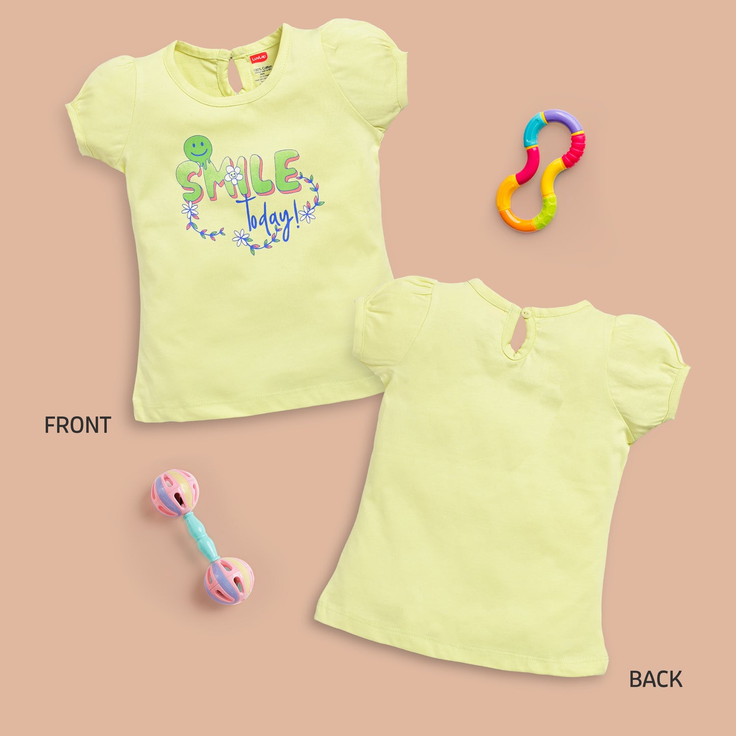 Baby Girls Regular Fit 100% Cotton Half Sleeves Girls Top Pack Of 5, Salmon Rose, Baby Pink, Supra, Lime Green & Lt. Pastel Green